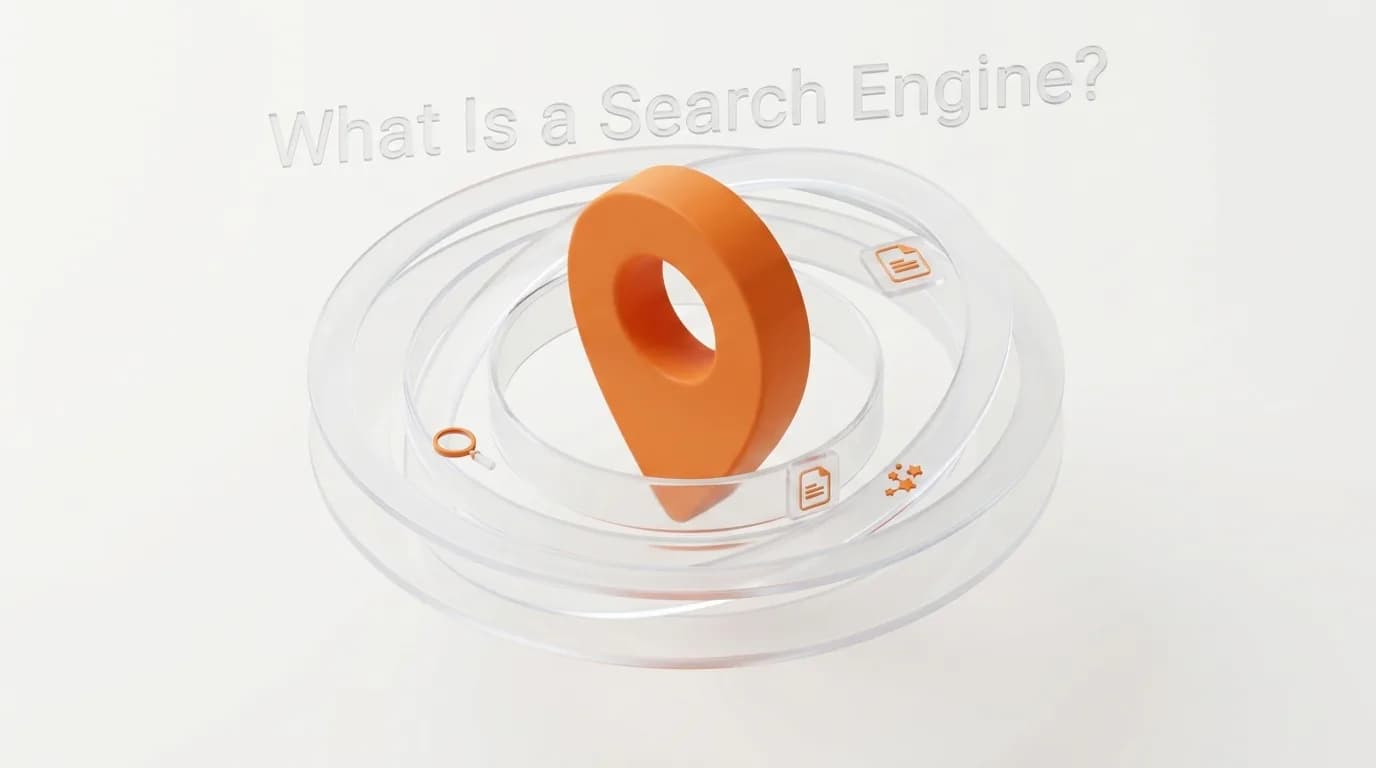 A large 3D orange location pin floats in a clean white space surrounded by orbiting circular glass layers, representing a digital compass navigating the web.