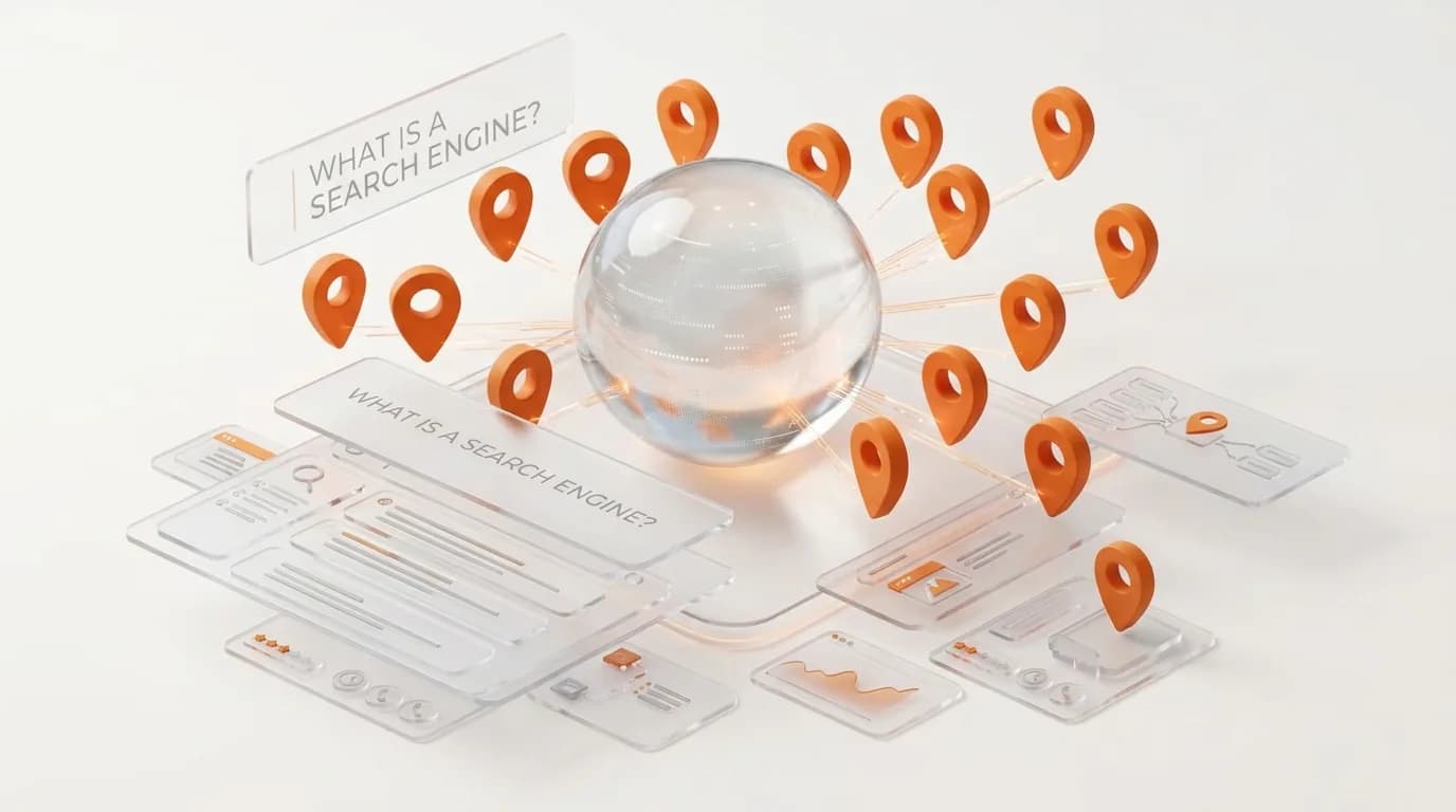 A sophisticated 3D minimalist render showing multiple vibrant orange location pins converging on a central translucent glass sphere, set against a clean white background with soft, layered glass panels.
