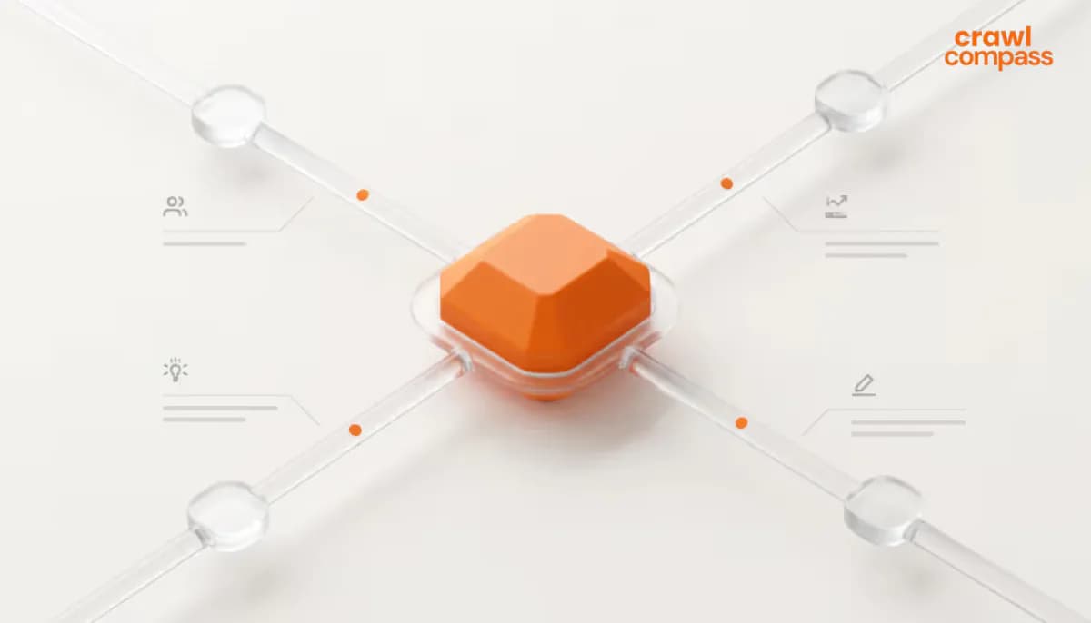 3D illustration of a central orange gem node connected by glass pipes to four outer nodes with UI icons.