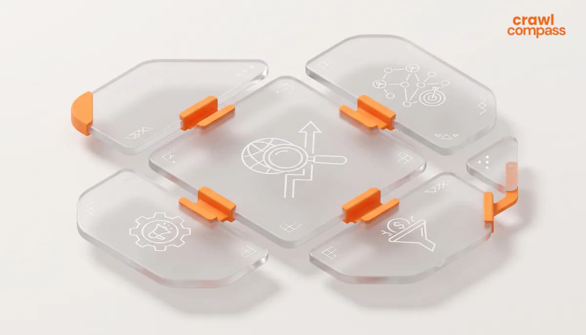 A 3D isometric graphic showing a central, rounded frosted glass panel connected to several surrounding glass panels by bright orange mechanical brackets.