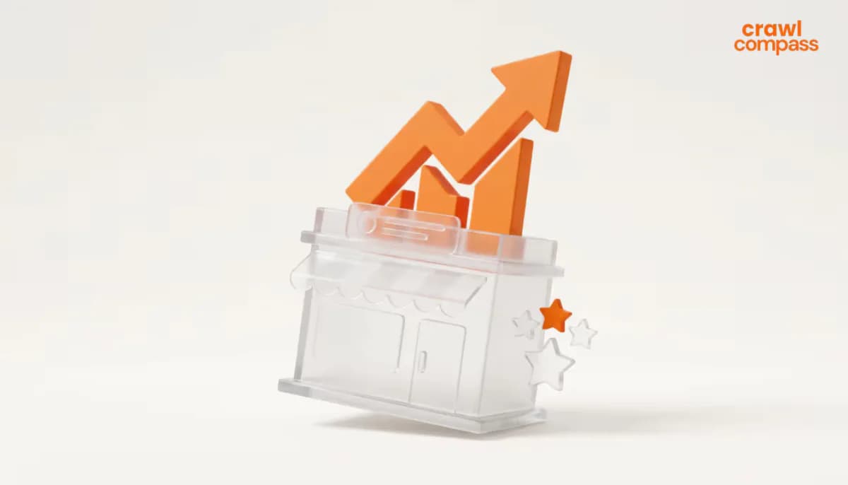 3D illustration of a transparent glass storefront with a rising orange growth chart emerging from the roof and floating review stars on the side. 