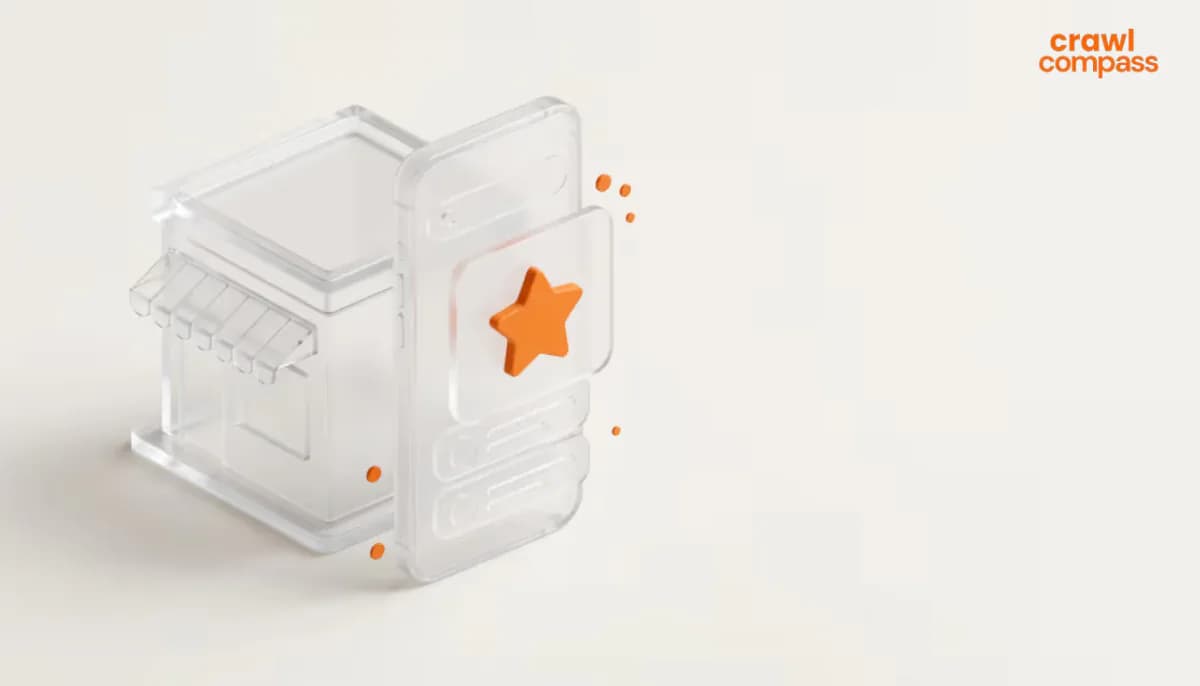 3D illustration of a transparent glass storefront next to a floating smartphone that displays a large orange star