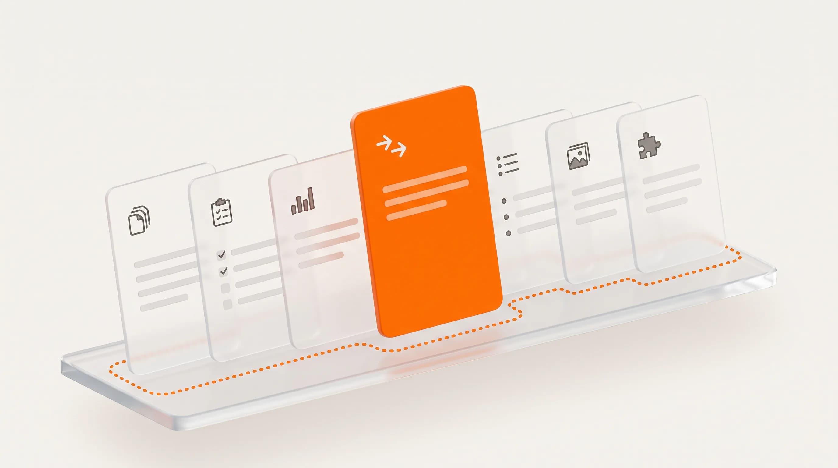 A glass shelf holding seven distinct formats with one orange book standing out represents the seven core content types that build topical SEO authority.