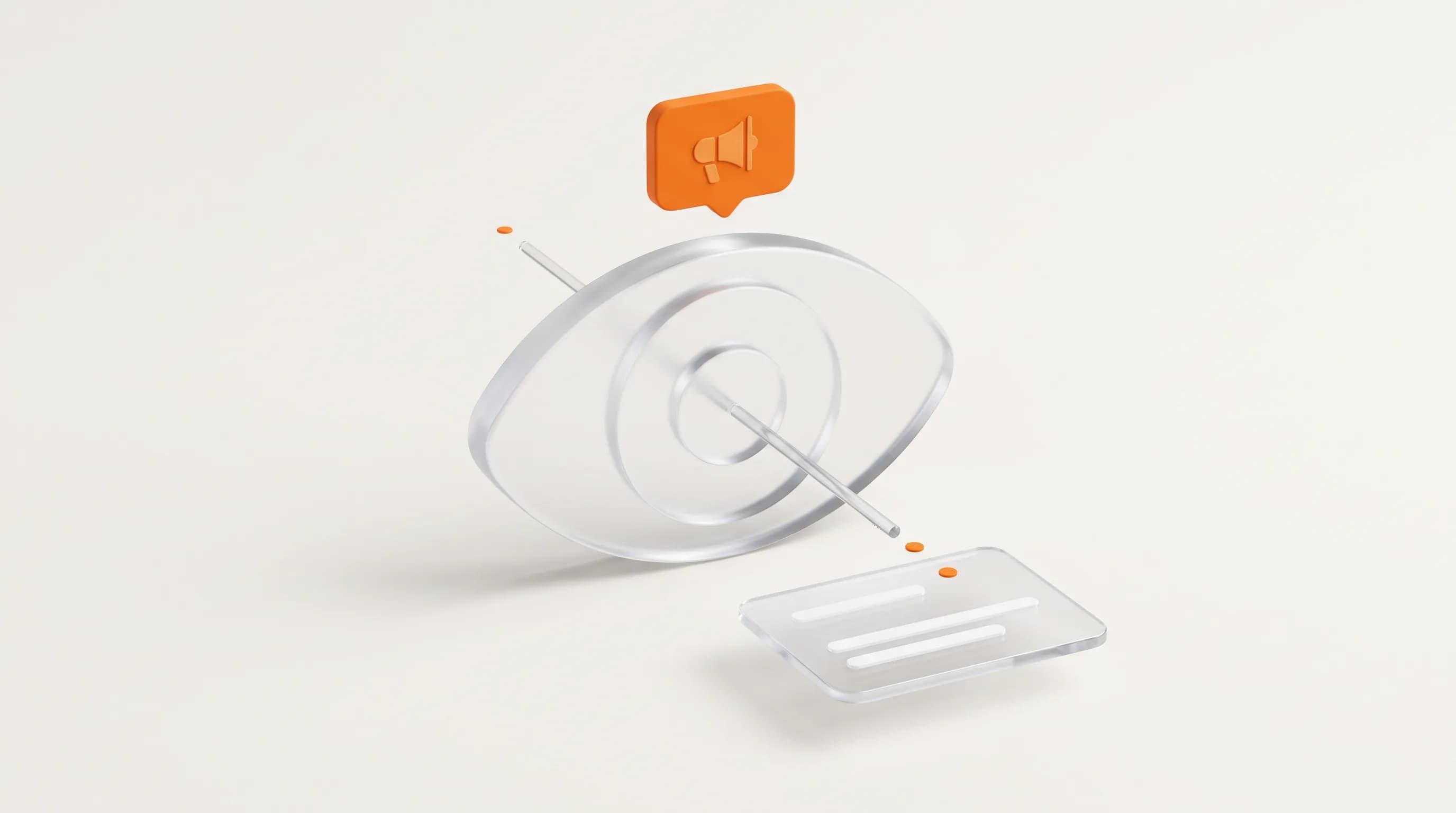 A glass eye glances past an orange ad-tagged label toward organic results, showing how ad blindness shapes search user psychology.