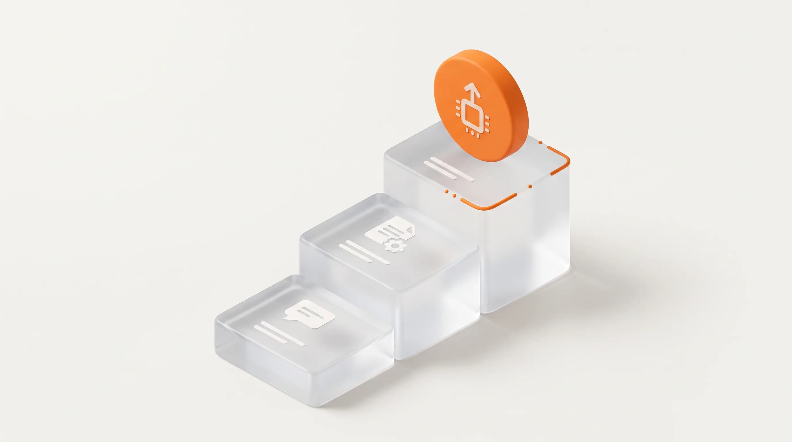 A tiered glass staircase with an orange peak represents the AI adoption maturity matrix, moving from basic use to enterprise-level mastery.