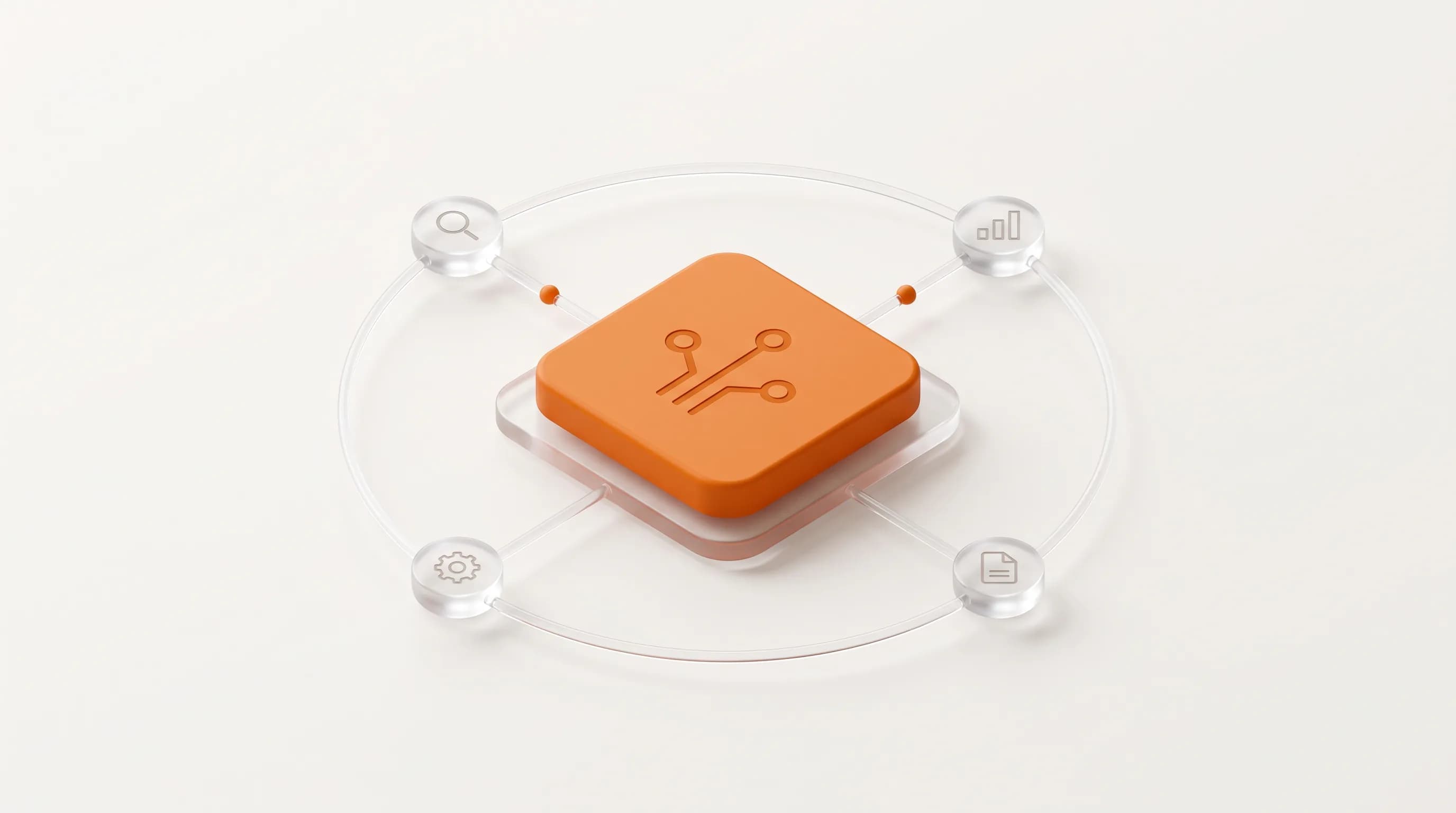 An orange AI chip links to a network of glass data nodes, capturing how AI adoption in SEO transforms the way teams process search data.