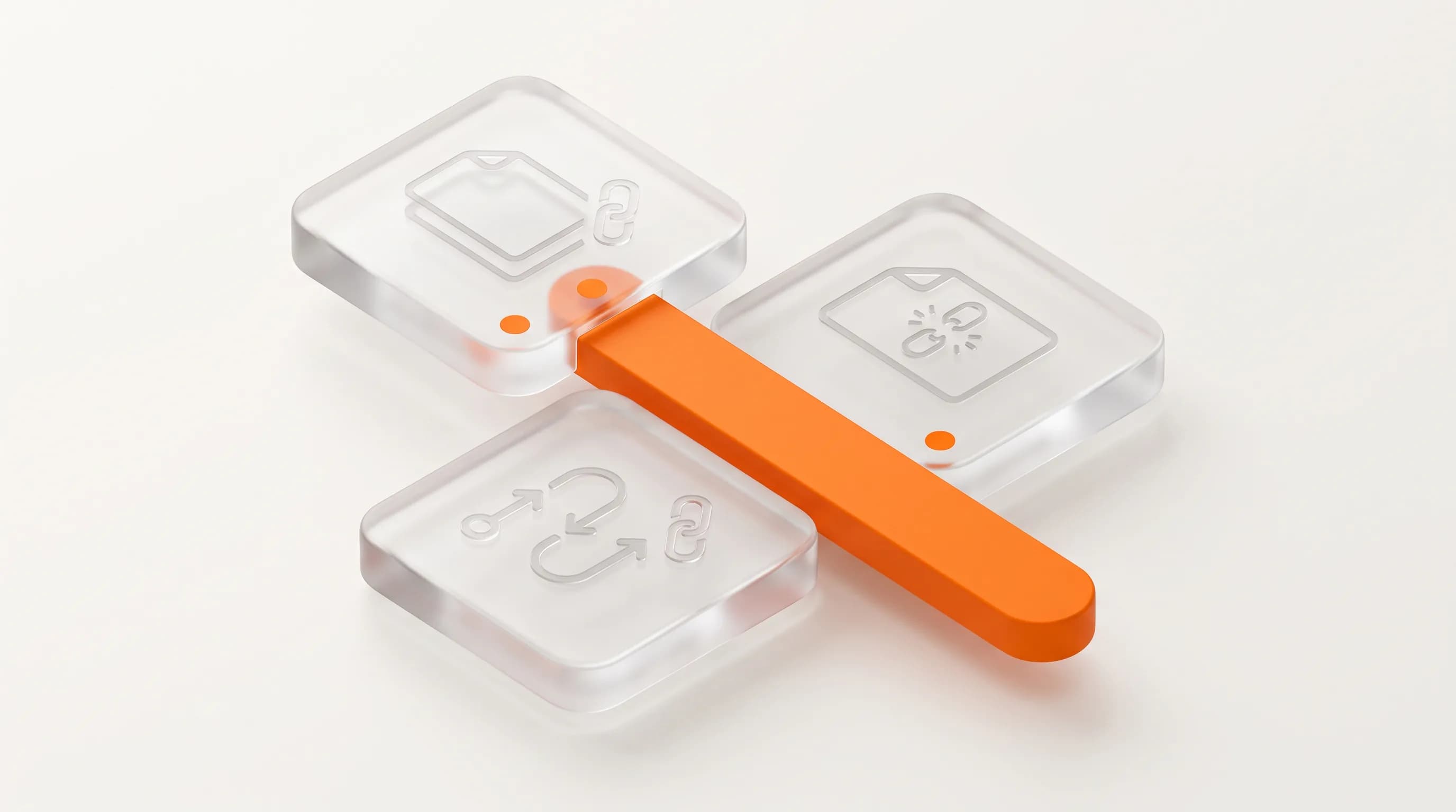Overlapping glass structure blocks aligned by an orange connector show the phase of fixing website architecture clashes that confuse crawlers.
