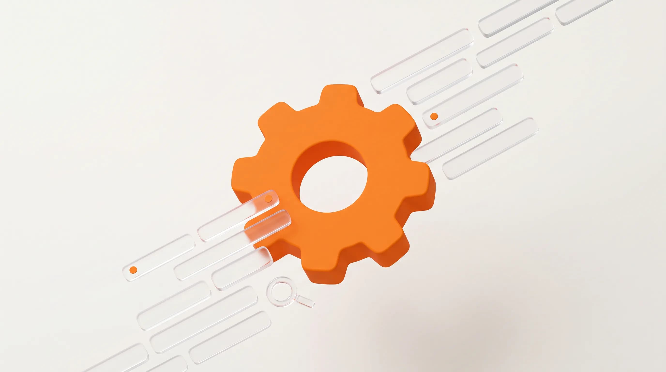 An orange gear spins a stream of glass log data automatically, showing the phase of automating technical diagnostics with AI.