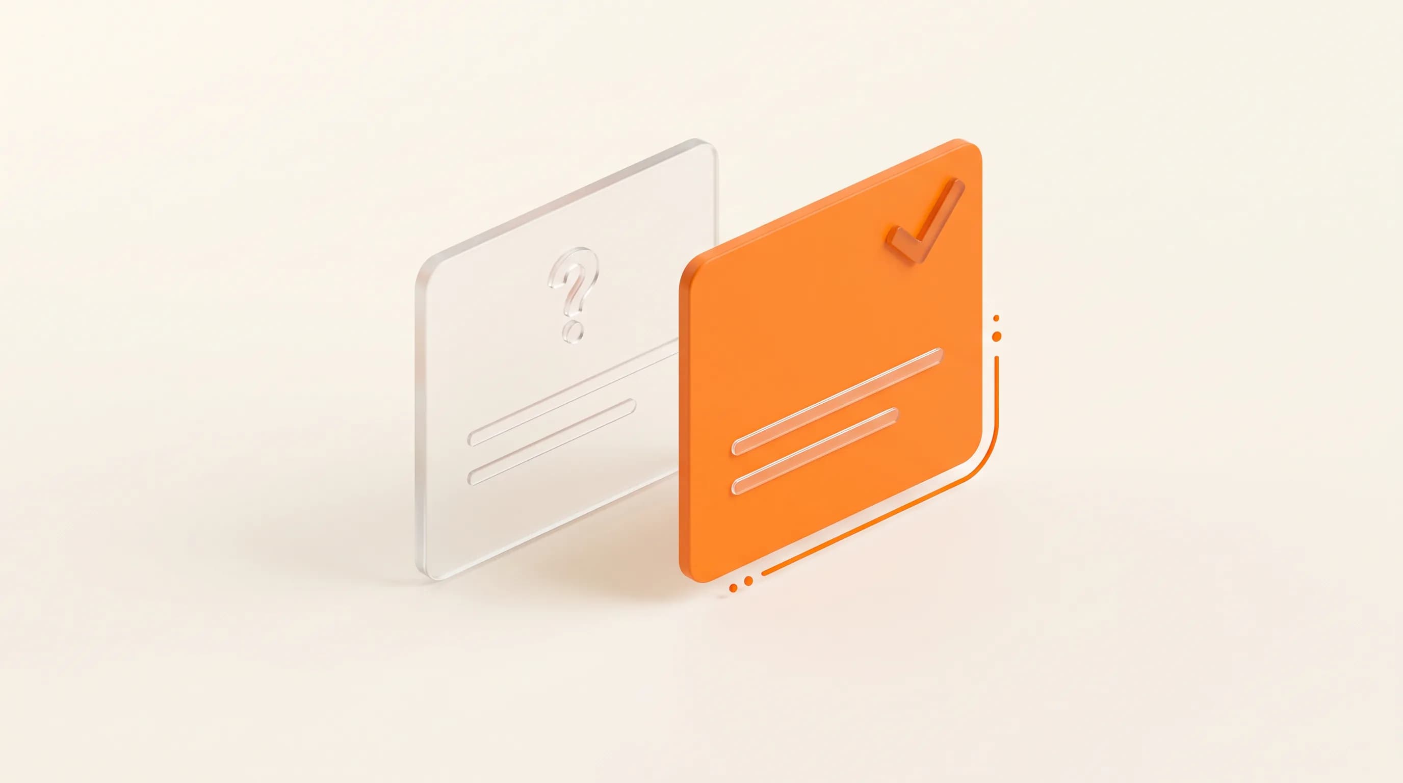 Two side-by-side glass cards with a single orange checkmark represent the headline tear-down comparing clickbait style to trustworthy B2B copy.