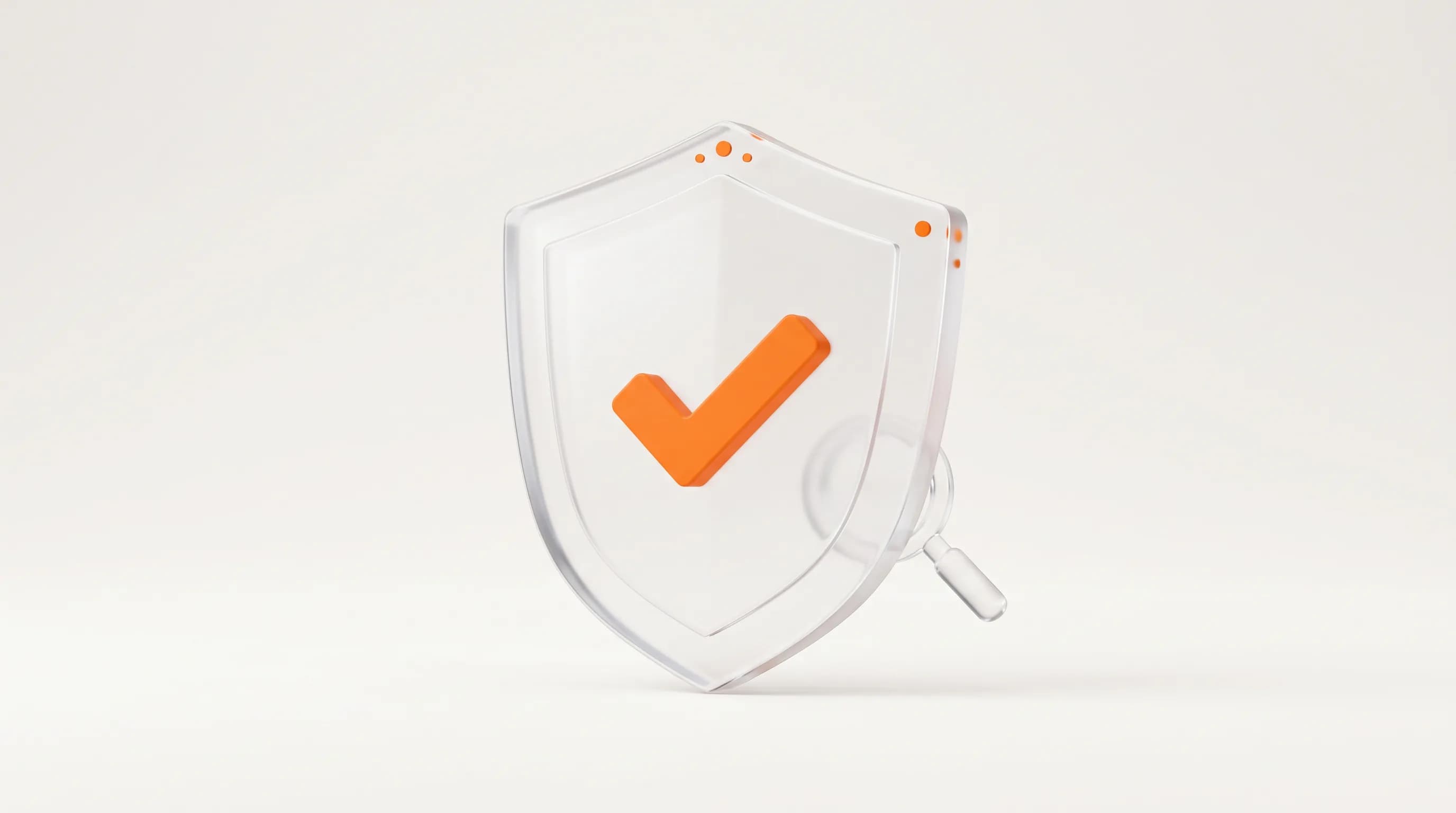 A glass shield with an orange checkmark at its core represents the best practice for using the disavow tool carefully and deliberately.