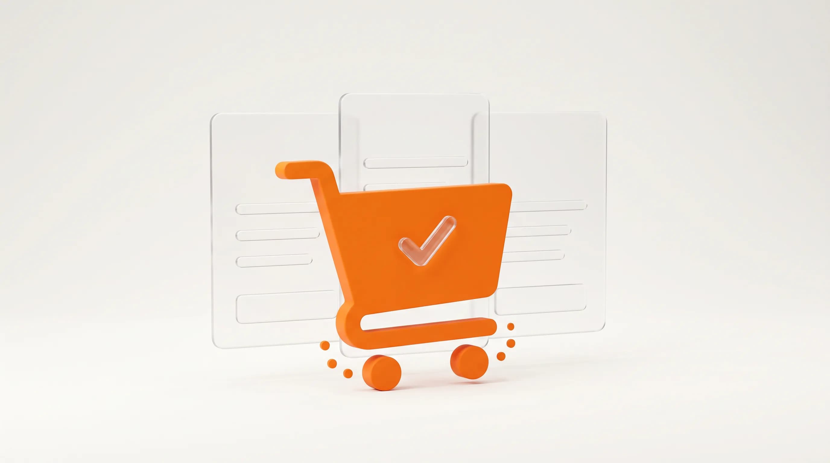 An orange shopping cart stands in front of two glass comparison cards, showing BOFU as the stage that forces the final purchasing decision.