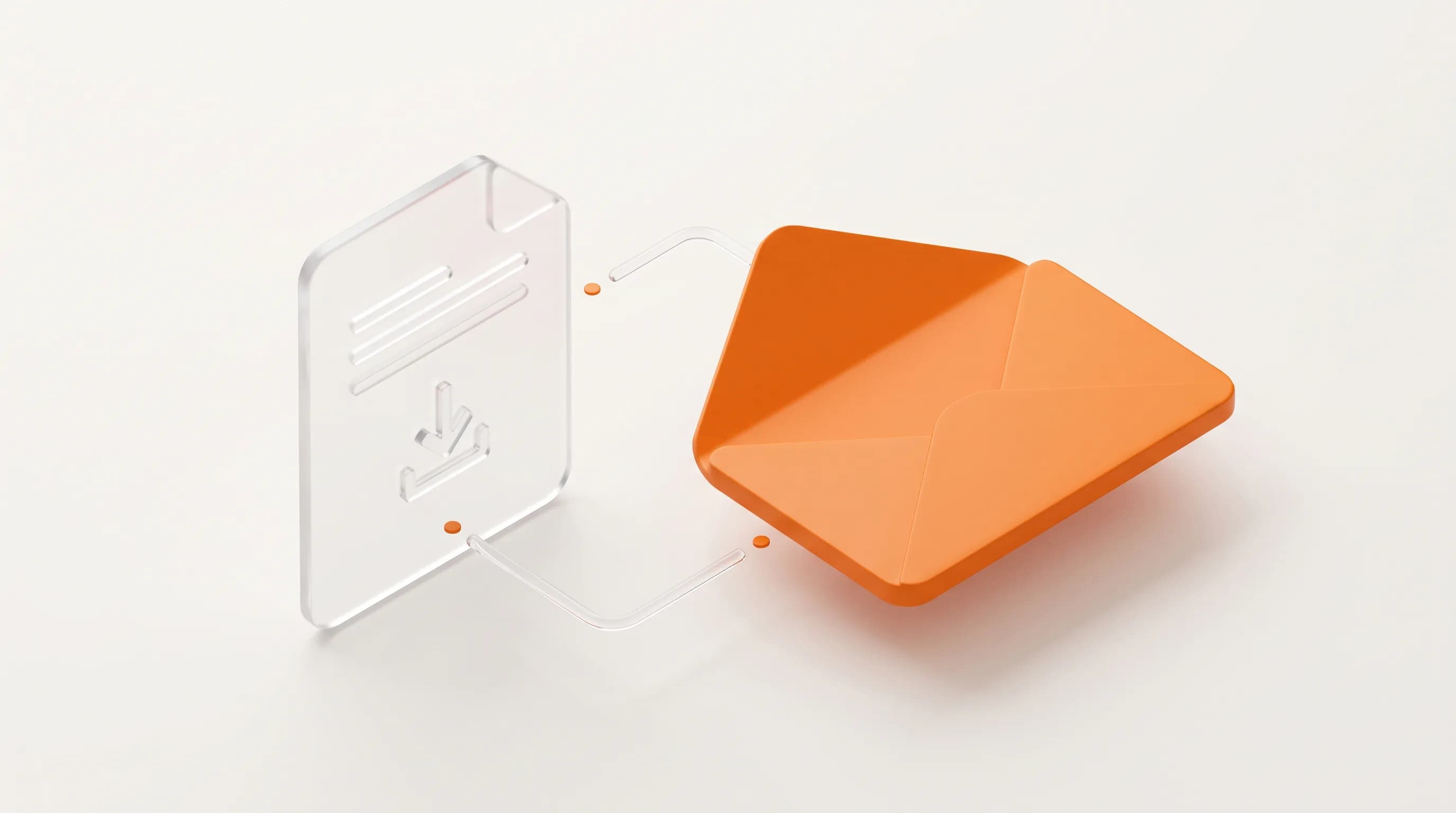 An open glass envelope hands a file toward an orange gate, capturing MOFU as the stage of earning permission to trade contact data for value.