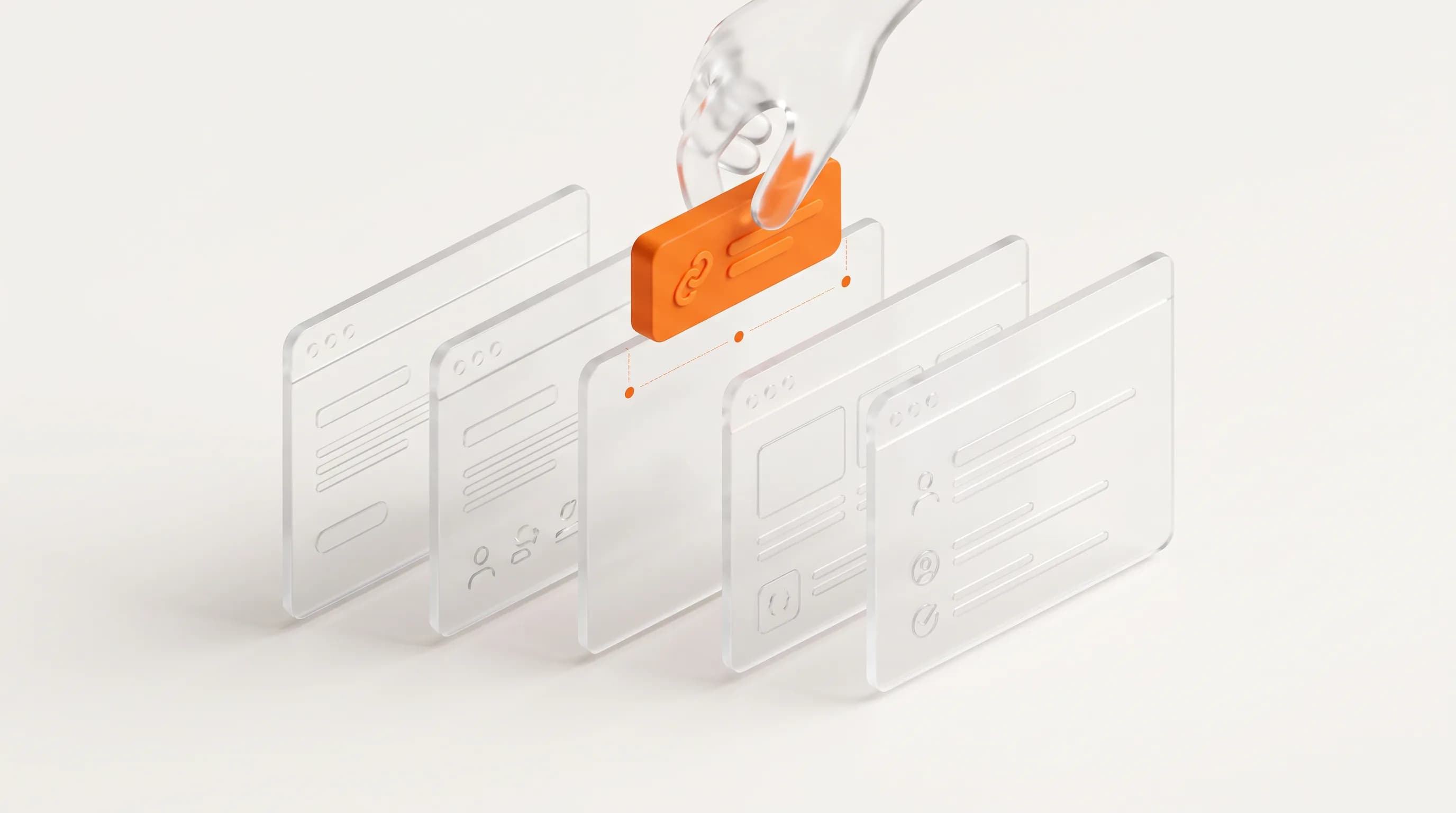 A glass hand places an orange link-marked block into the right spot among glass pages, showing how to implement a canonical tag correctly.