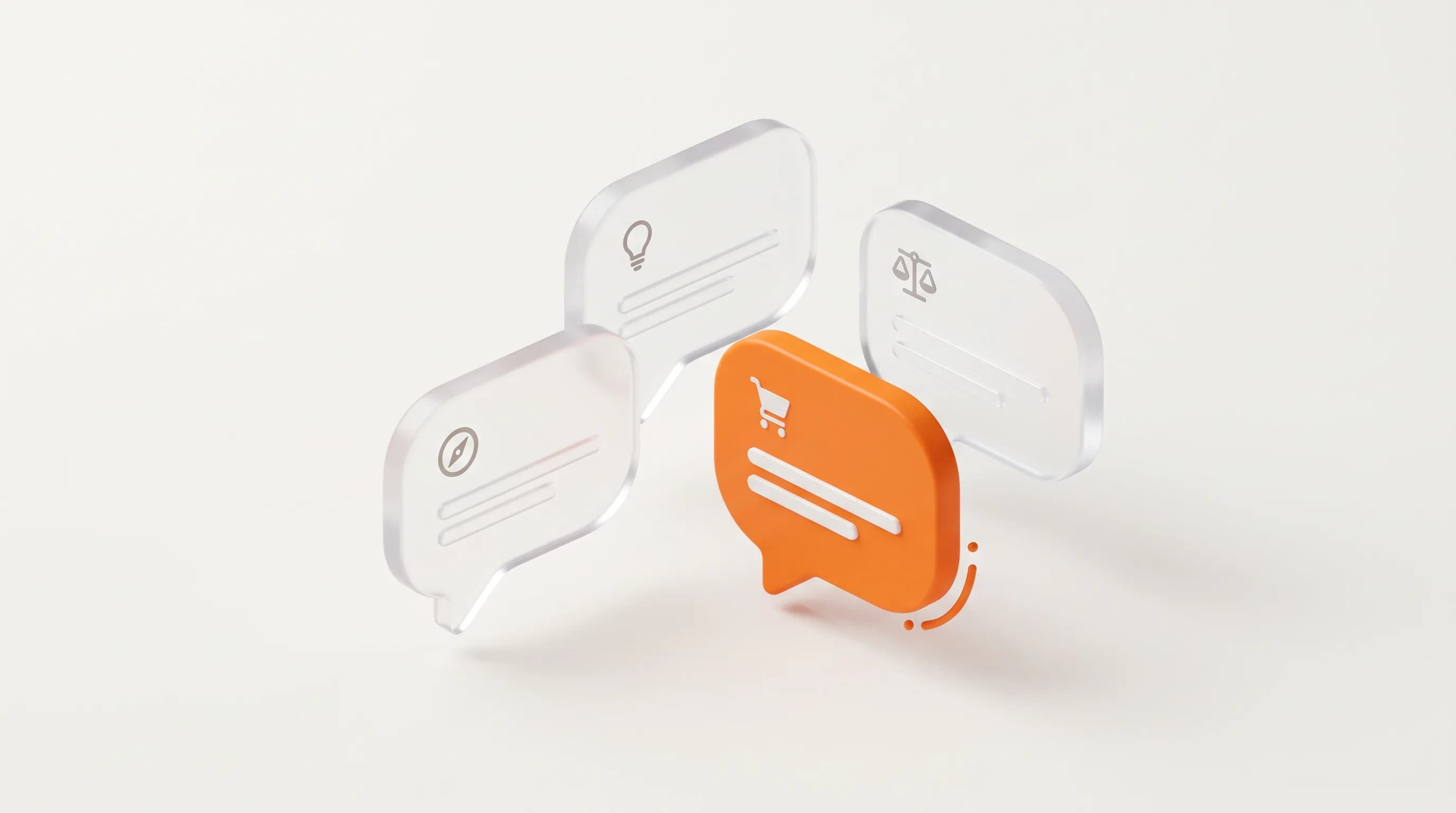 Four distinct glass bubbles with one orange bubble standing out represent the categories of search intent, from informational to transactional.