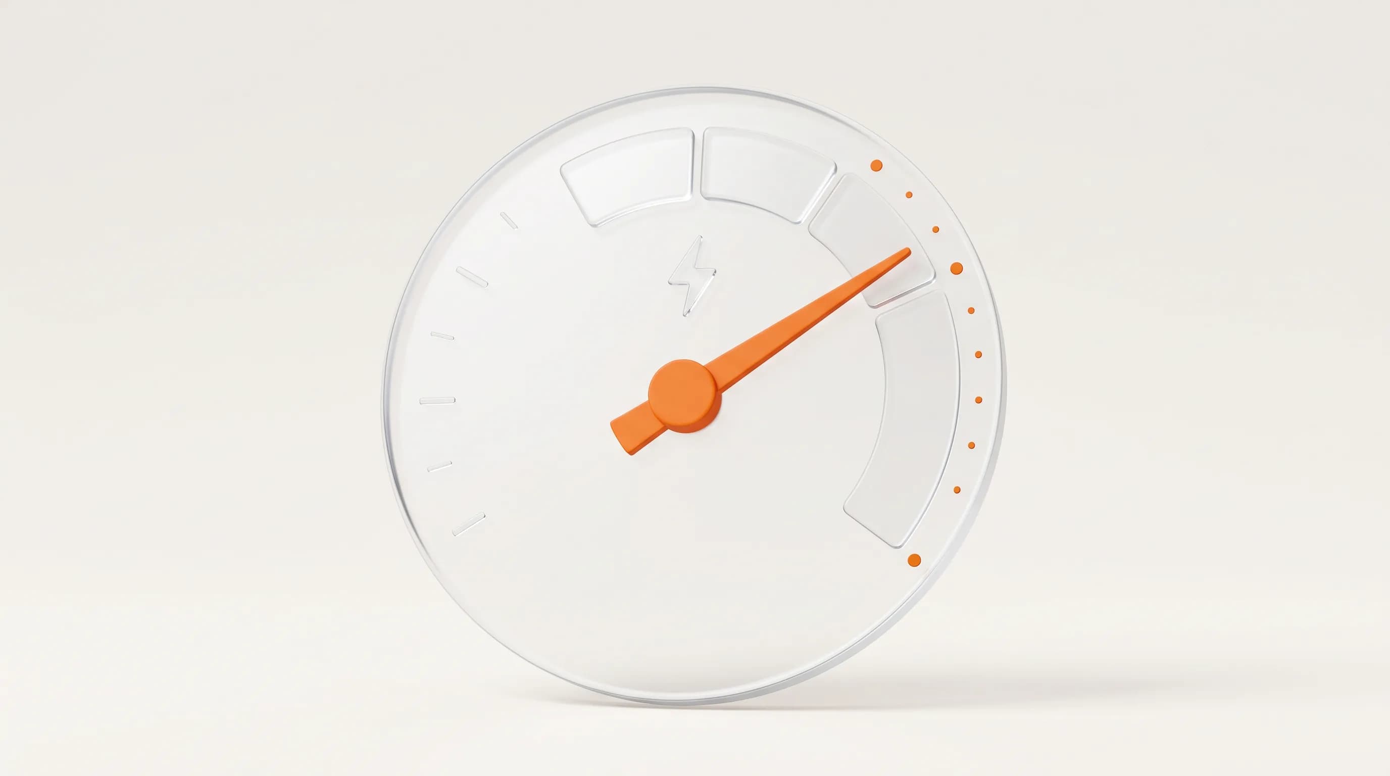 A glass speedometer with an orange needle in the optimal zone represents mastering Core Web Vitals for a fast, stable user experience.