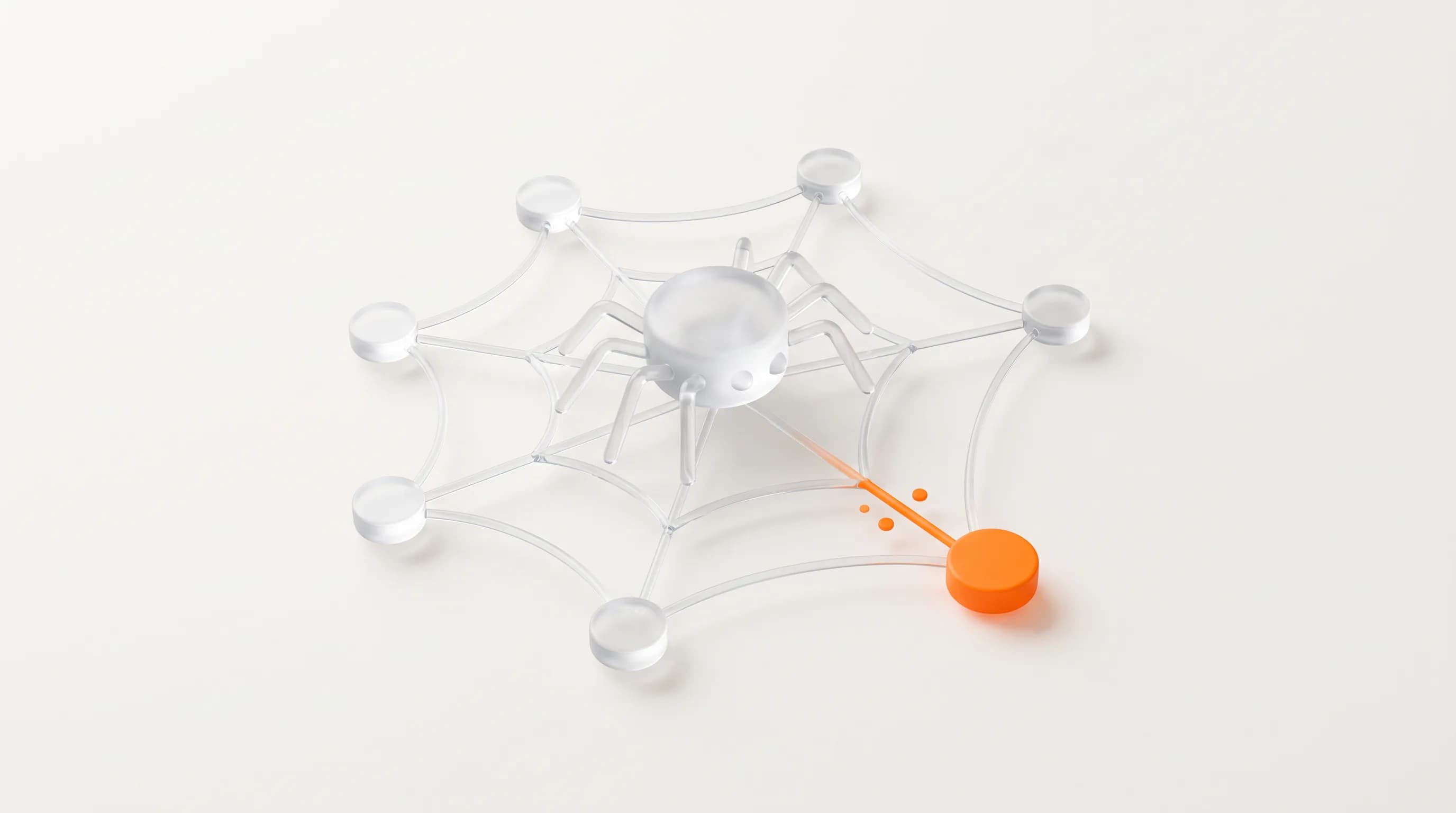 A glass spider-bot crawls a network of links toward one orange node, illustrating crawling as the discovery phase of finding new pages.