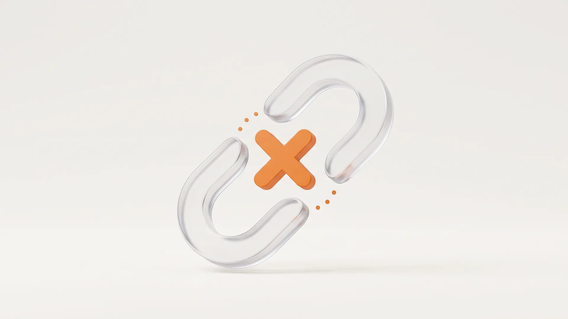 A broken glass link with an orange cross mark represents disavowing links, the process of asking Google to ignore harmful backlinks.