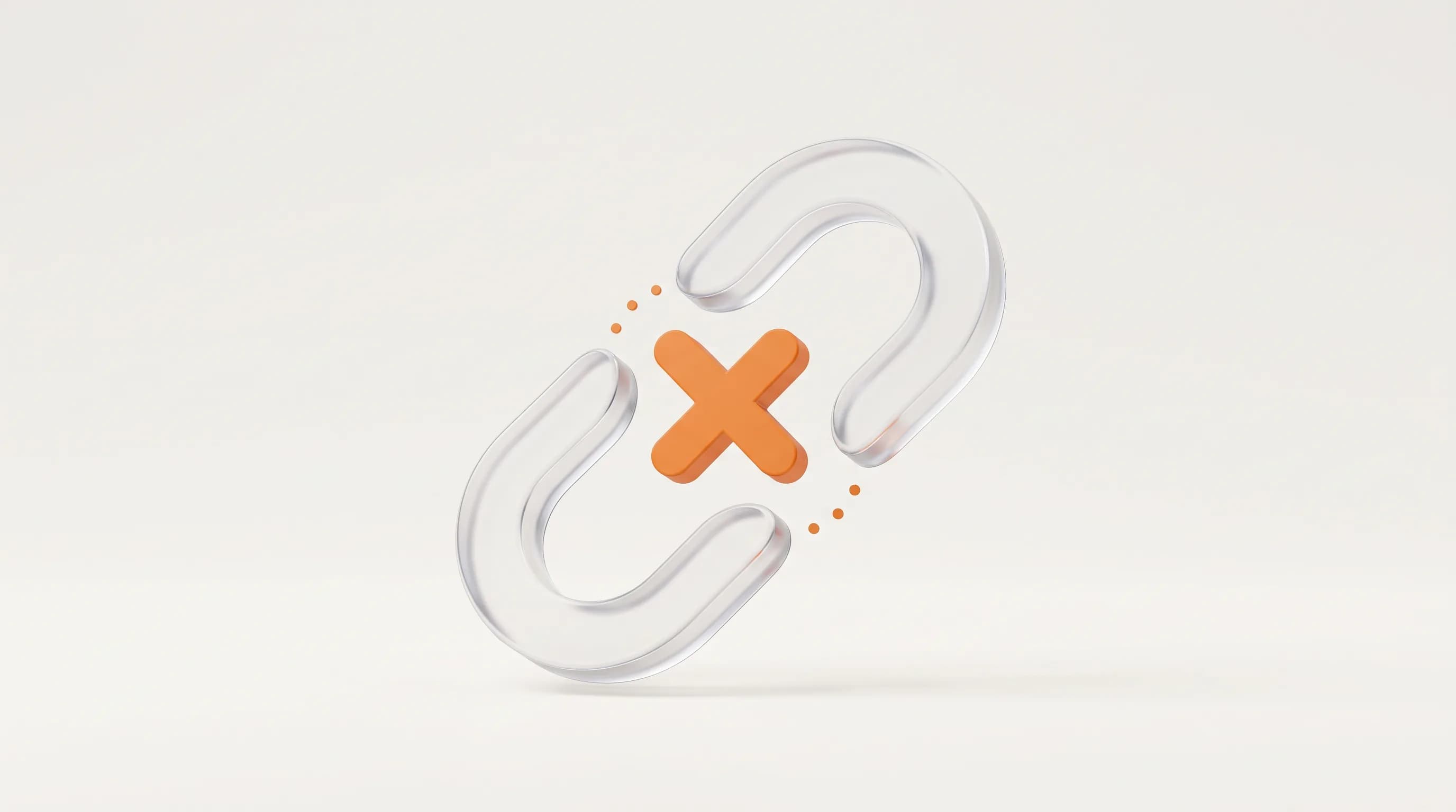 A broken glass link with an orange cross mark represents disavowing links, the process of asking Google to ignore harmful backlinks.
