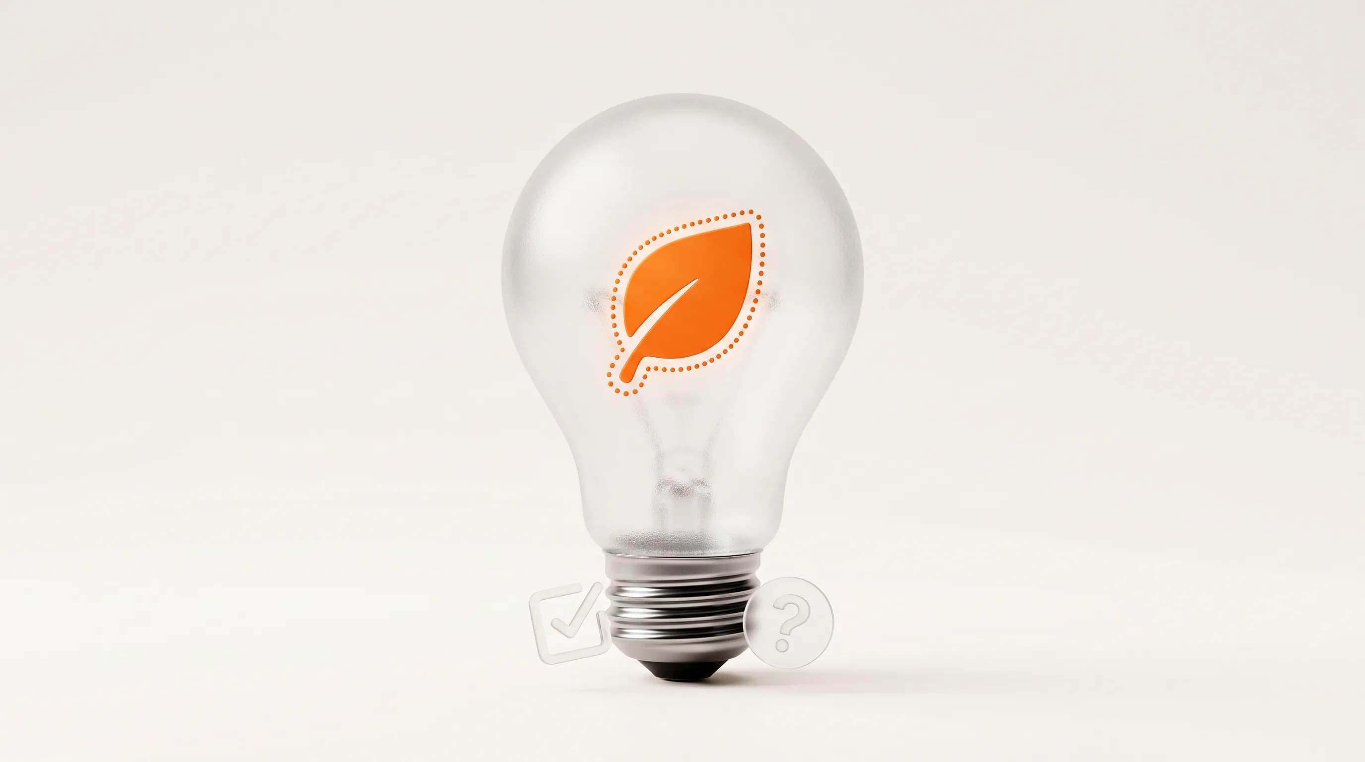 A glowing glass lightbulb with an orange leaf inside represents evergreen content ideas like guides, checklists, and glossaries.