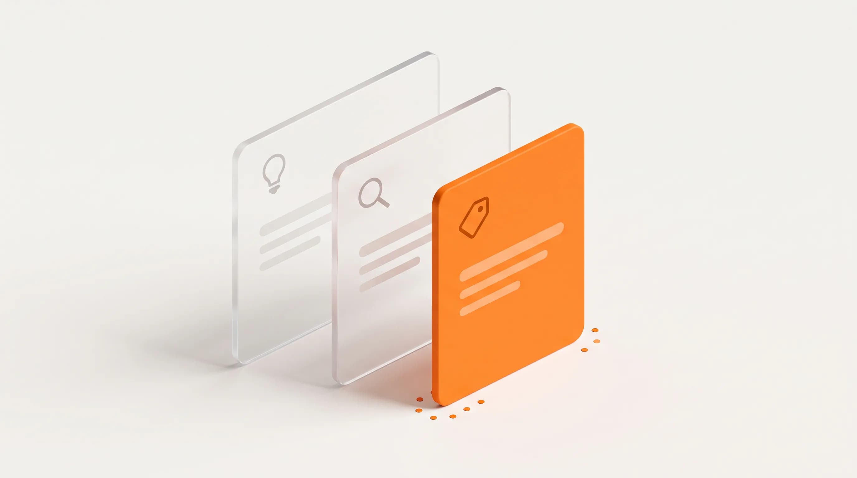 Three glass cards in a row with an orange marker on the final one show the funnel strategy comparison model from awareness to purchase.