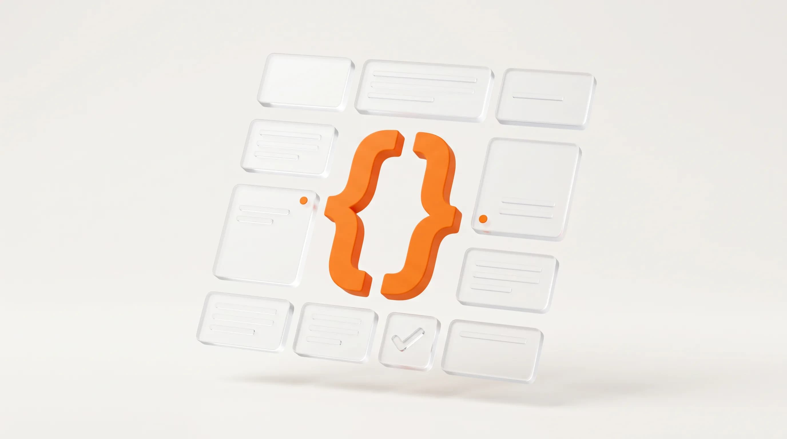 Glass code blocks arrange neatly around an orange curly-brace symbol, showing the phase of automatically generating complex structured data.