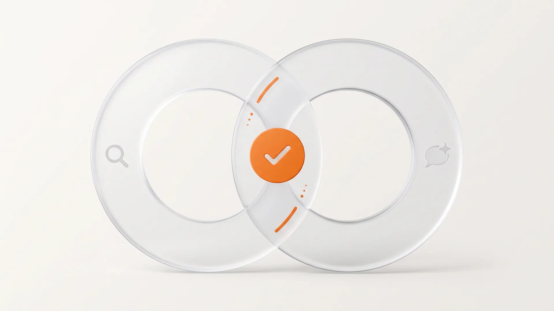Two overlapping glass circles with an orange shared center capture good SEO is good GEO, the overlap between traditional and generative search.
