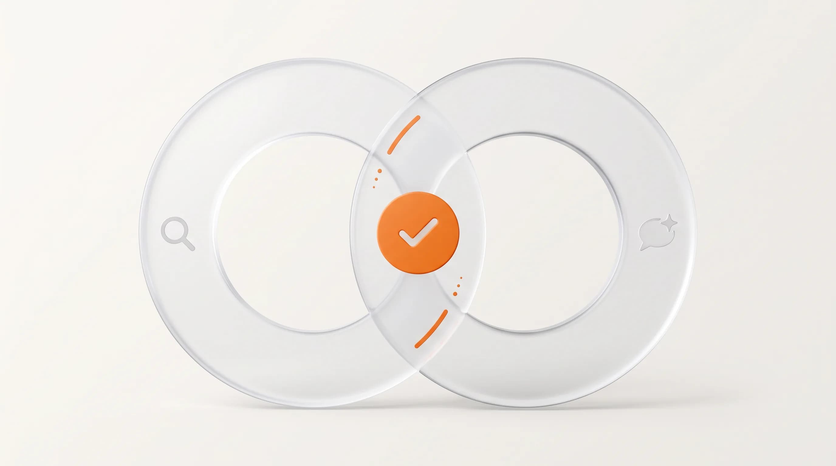 Two overlapping glass circles with an orange shared center capture good SEO is good GEO, the overlap between traditional and generative search.