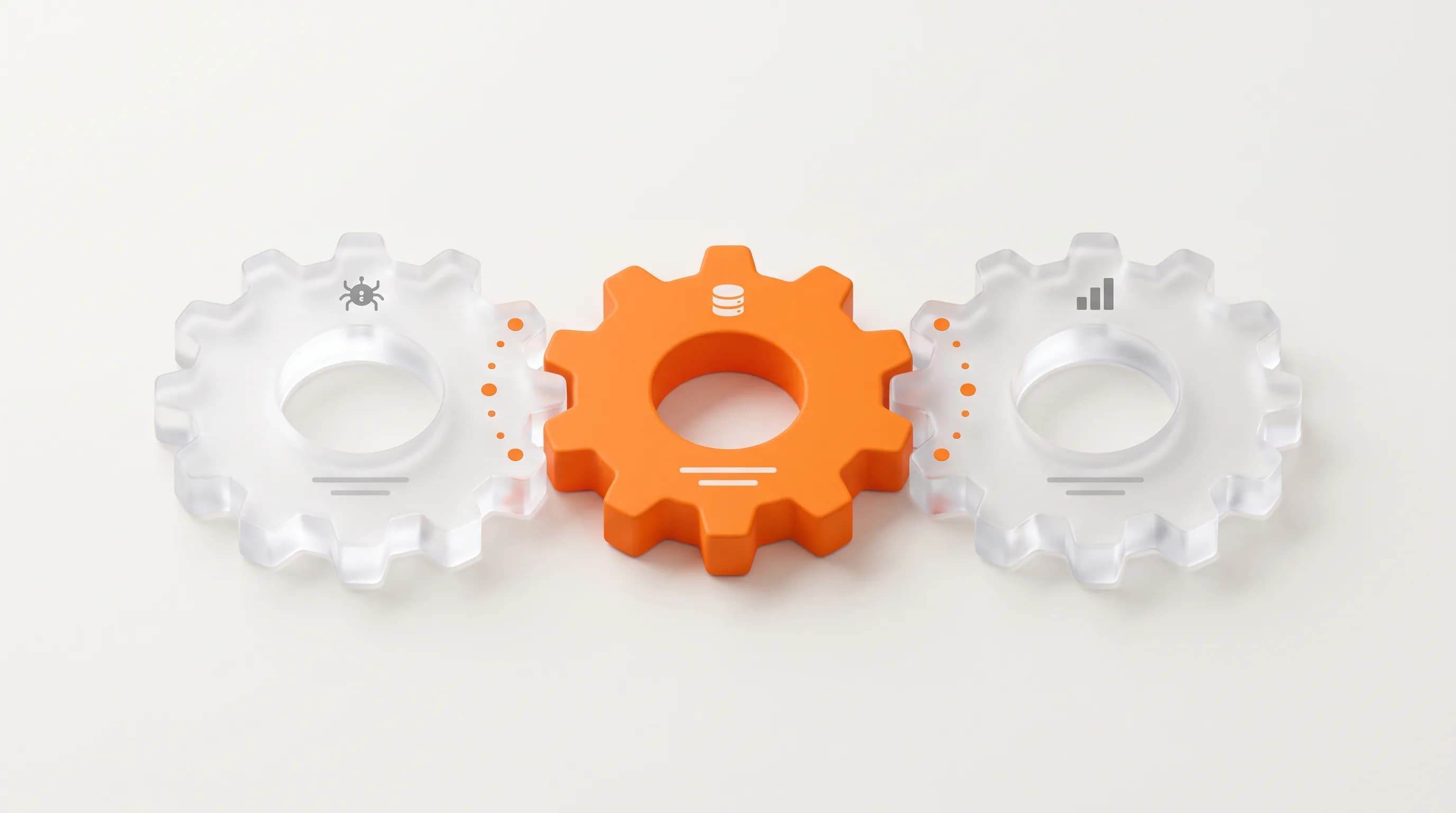 Three turning glass gears with an orange core at the center capture how SEO works through the crawling, indexing, and ranking process.
