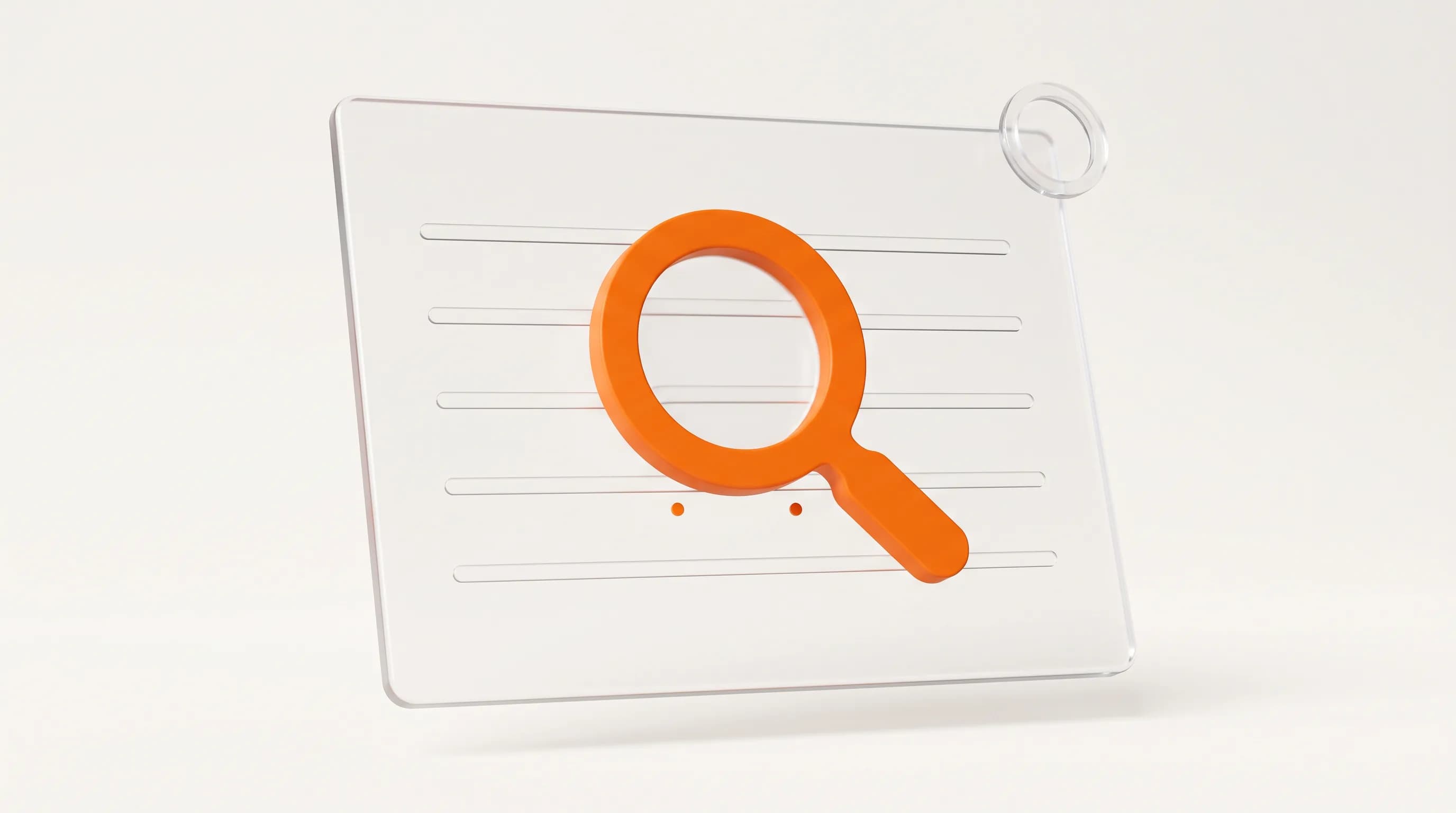 An orange magnifying glass highlights one line of text on a glass page, showing how to check content for signs of keyword stuffing.