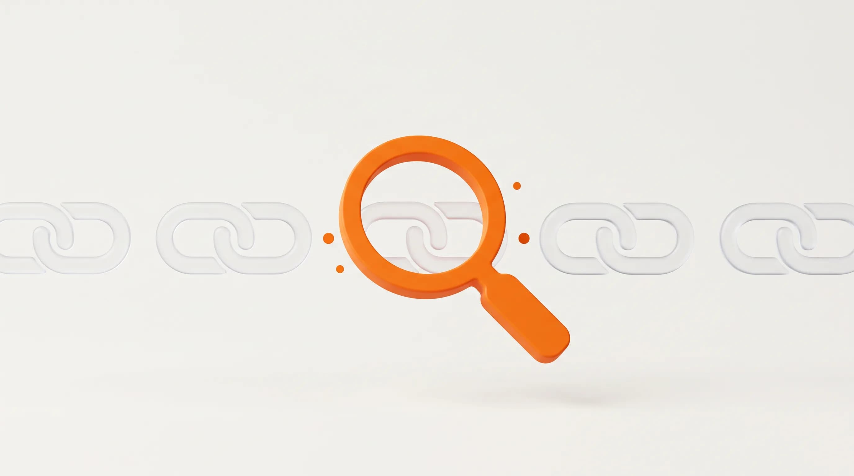 An orange magnifying glass highlights one suspicious link among a row of glass backlinks, showing how to identify harmful backlinks.