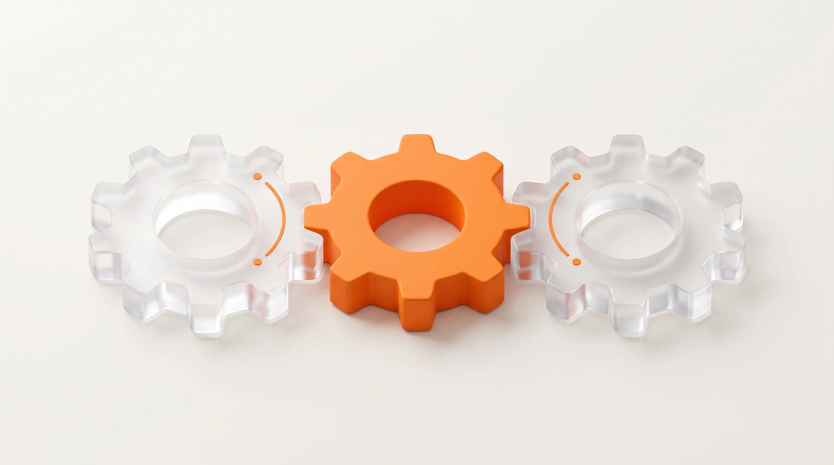 Three interlocking glass gears with one orange gear at the center represent the main types of SEO working together as one system.