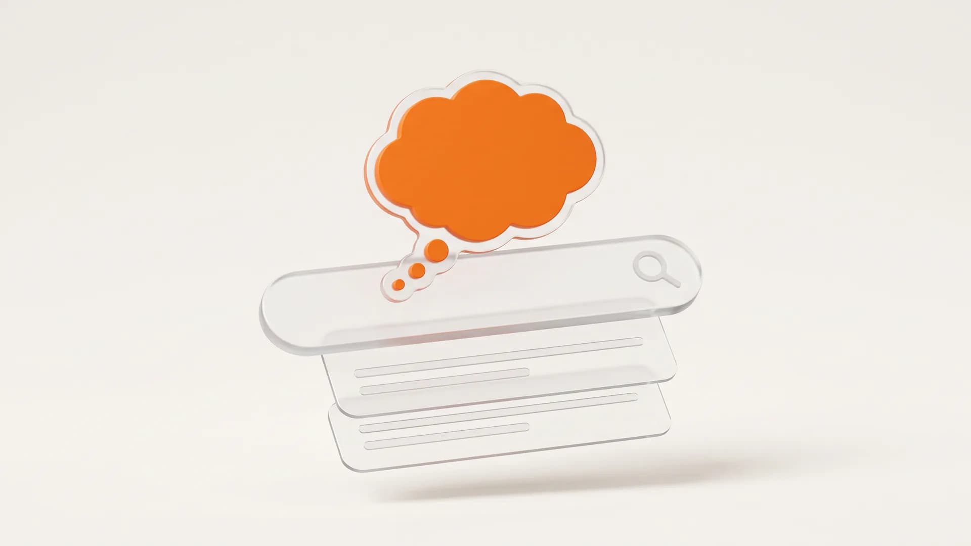 An orange magnifying glass highlights one thought bubble along a glass search path, capturing how to match search intent for SEO.