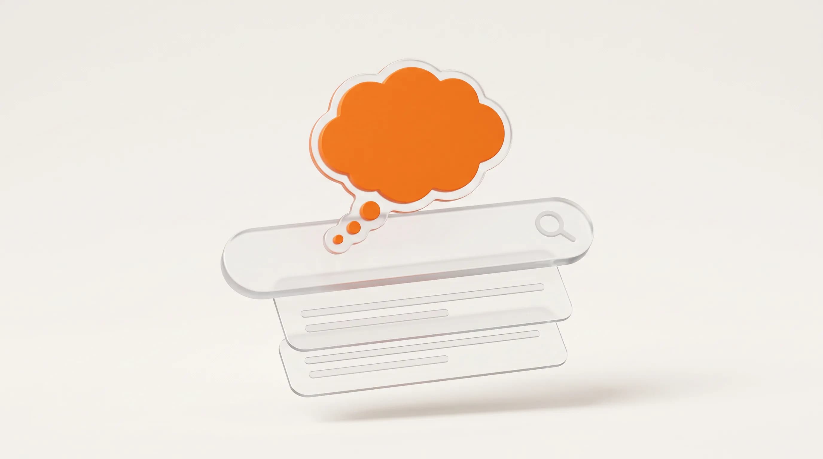 An orange magnifying glass highlights one thought bubble along a glass search path, capturing how to match search intent for SEO.