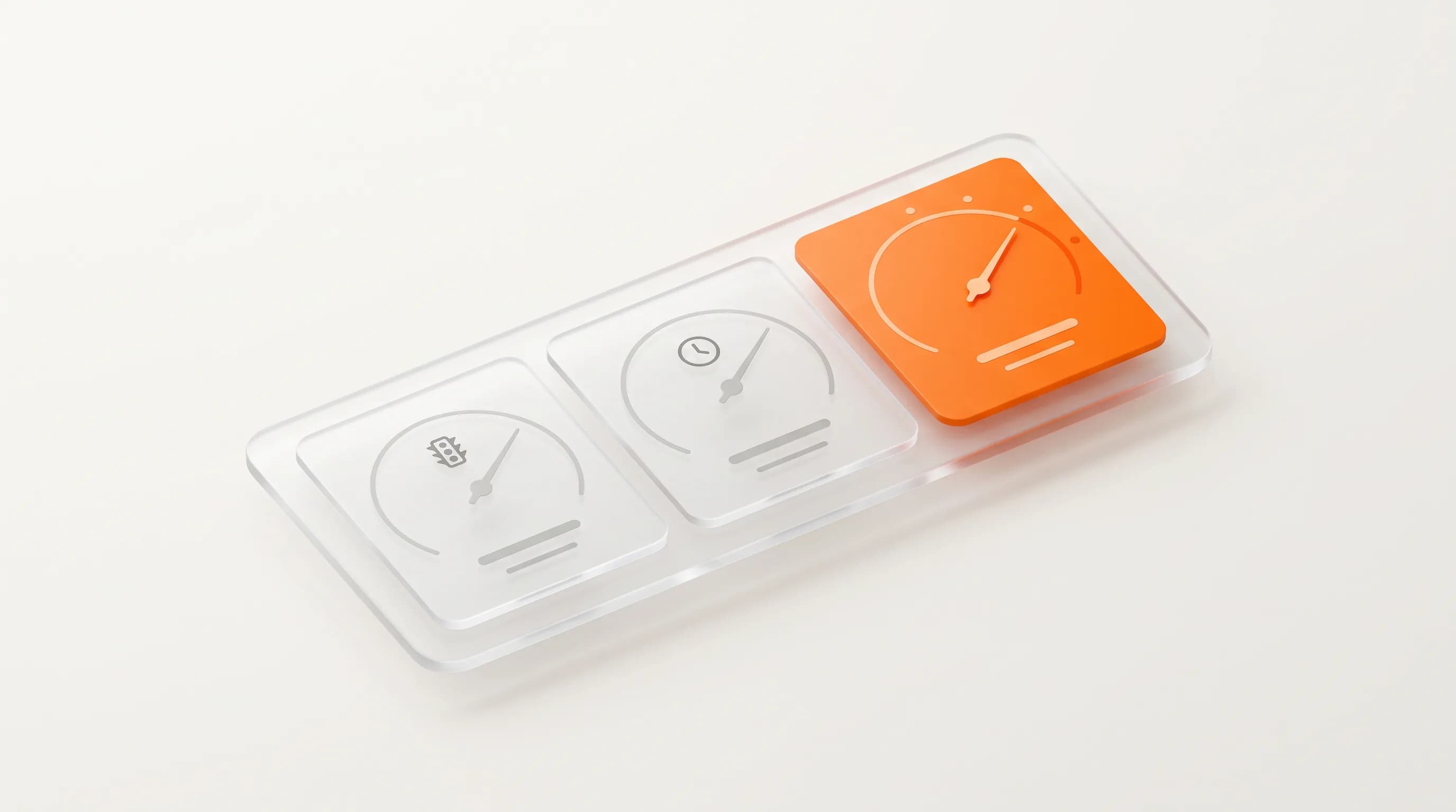A glass dashboard needle passes several gauges toward one glowing orange indicator, showing how to measure content success against the right goal.