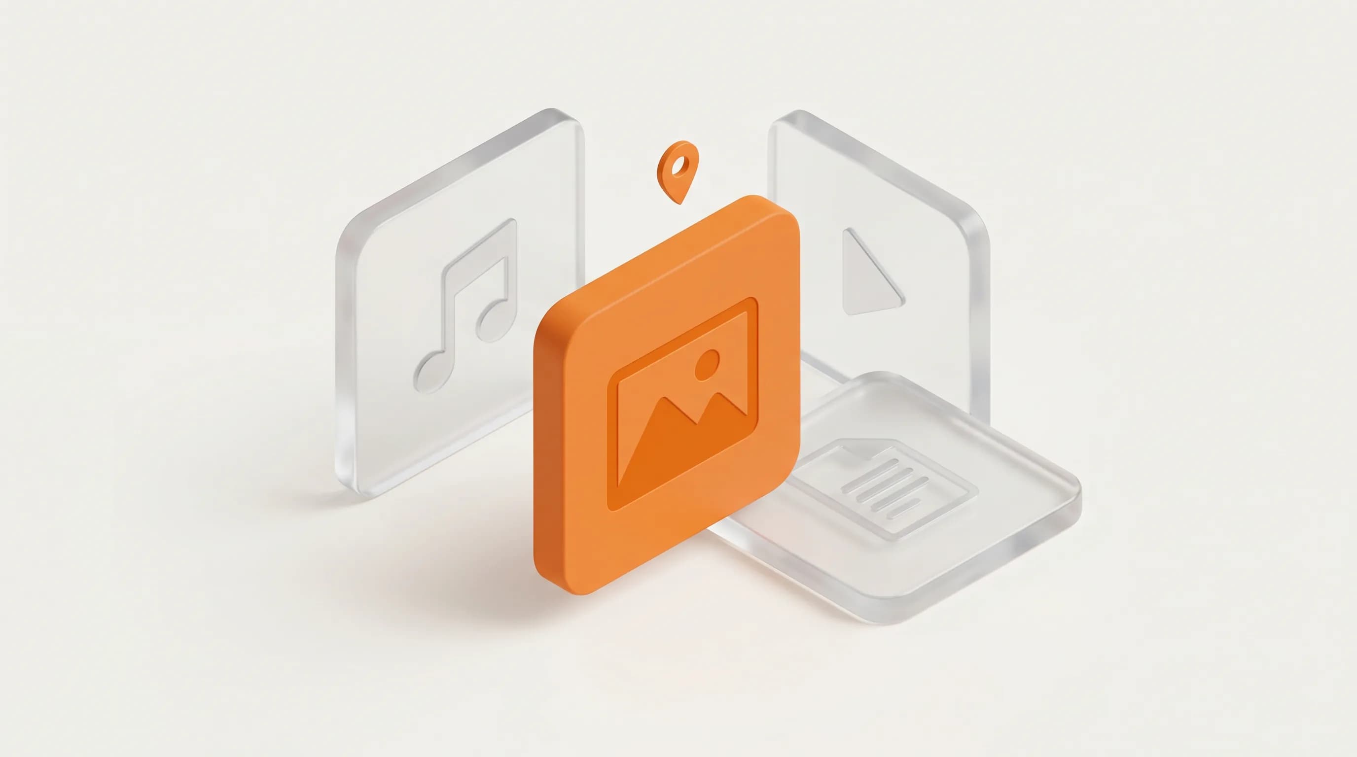 A set of file-format icons for photos, documents, music, and video, each storing different metadata