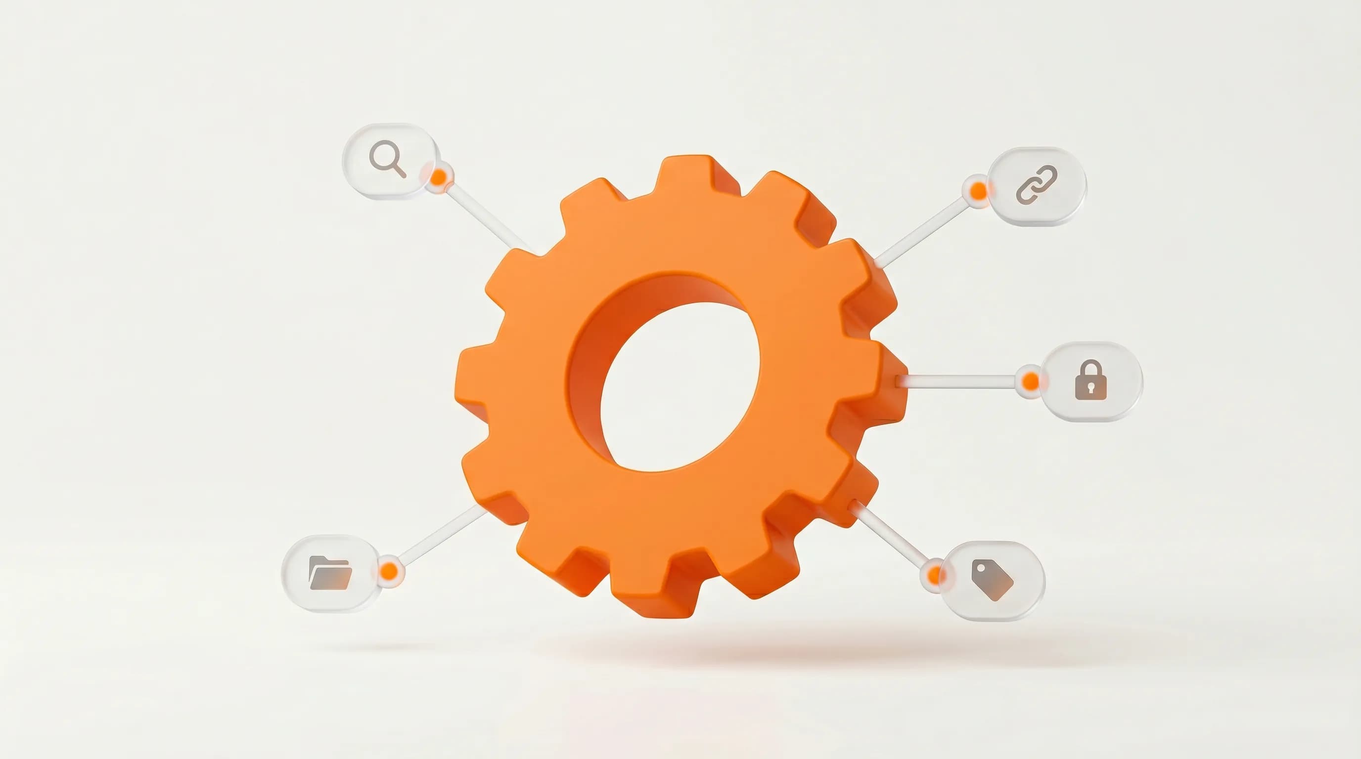A gear connected to various data nodes, depicting metadata as the driver of an information system