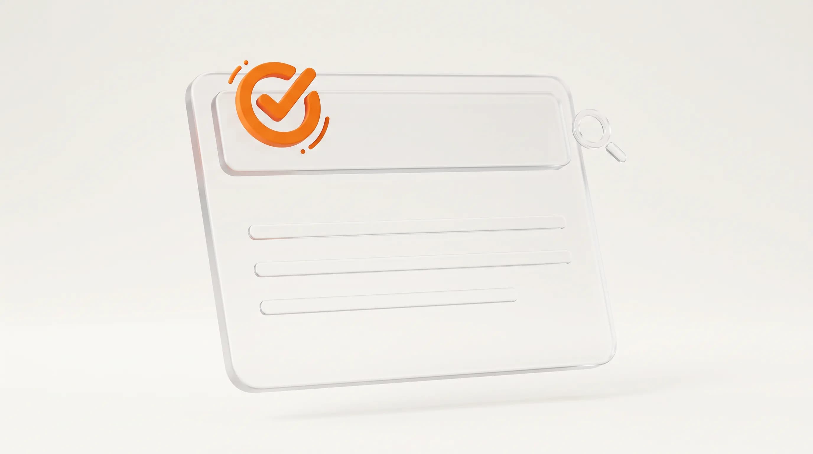 A well-structured glass page with a checked orange icon represents on-page SEO, the elements controlled directly on a website.