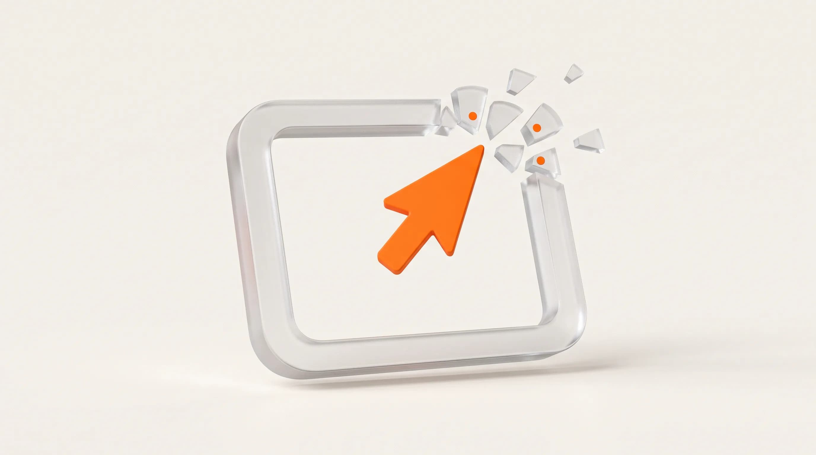 An orange cursor clicks an empty glass box that immediately shatters, capturing the reality of a wasted click from a clickbait headline.