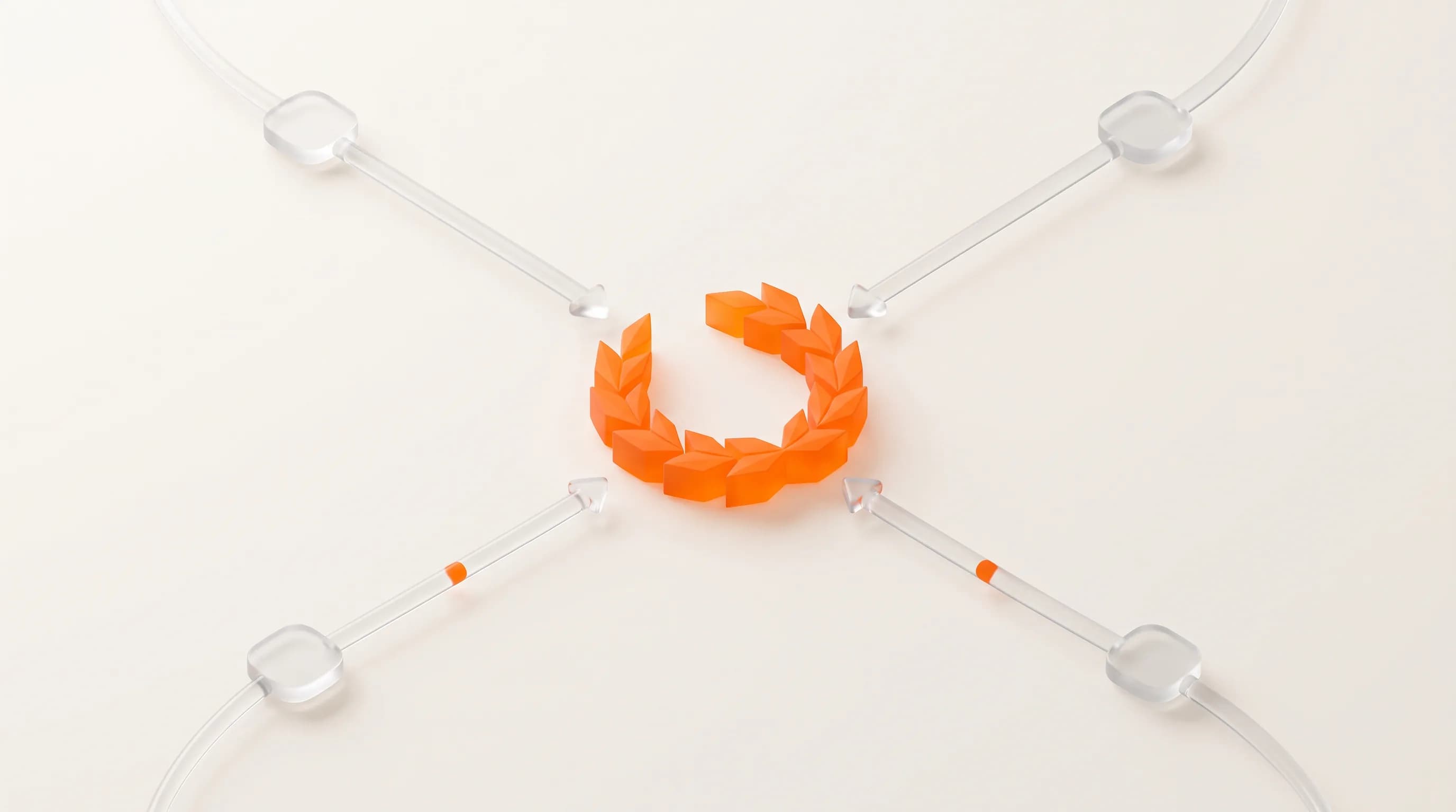 Several glass paths flow in from outside toward one orange badge at the center, showing the role backlinks and authority play in building domain trust.
