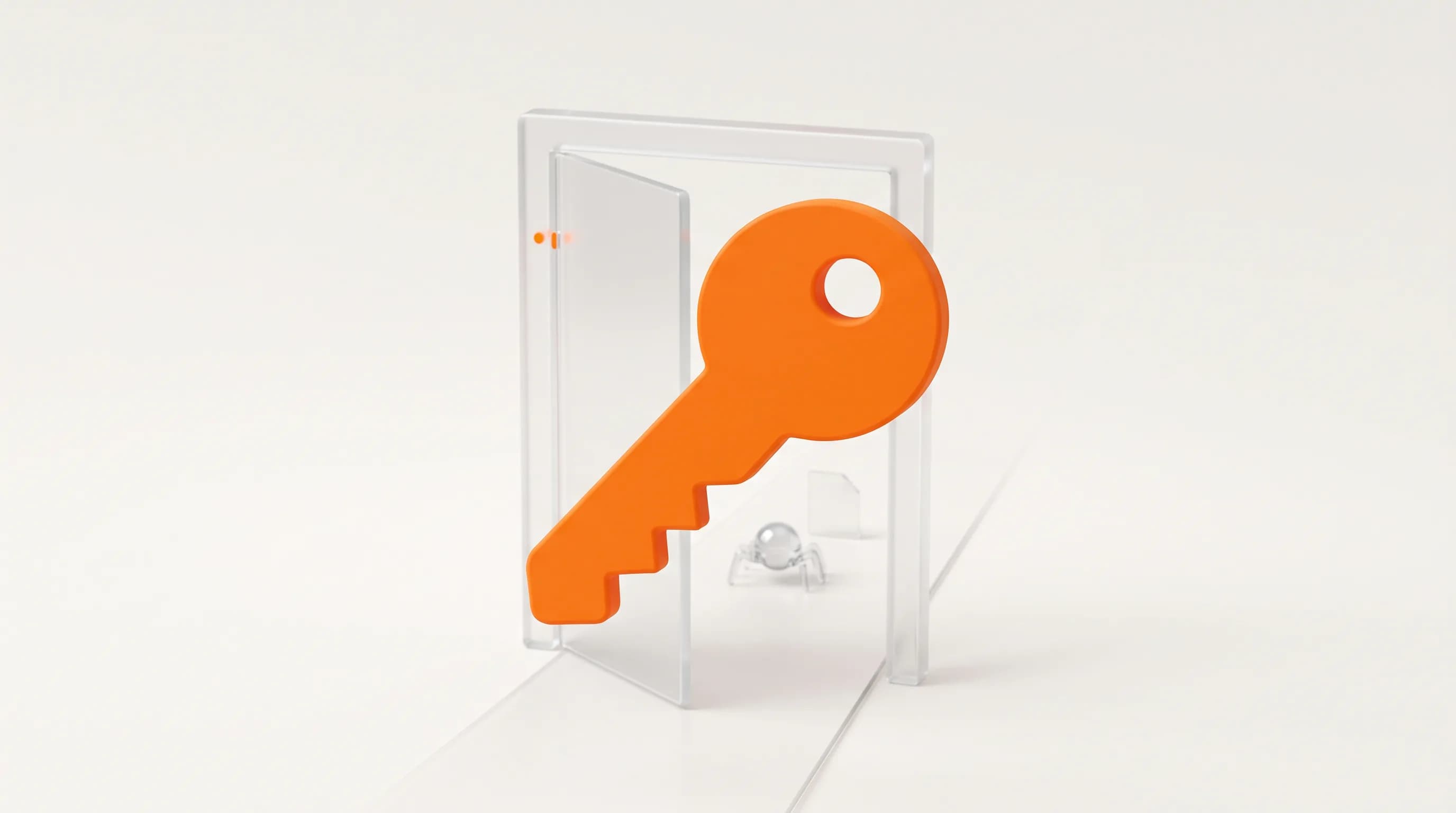 A glass gate with an unlocked orange key marks the phase of securing search engine accessibility so bots can reach every page.
