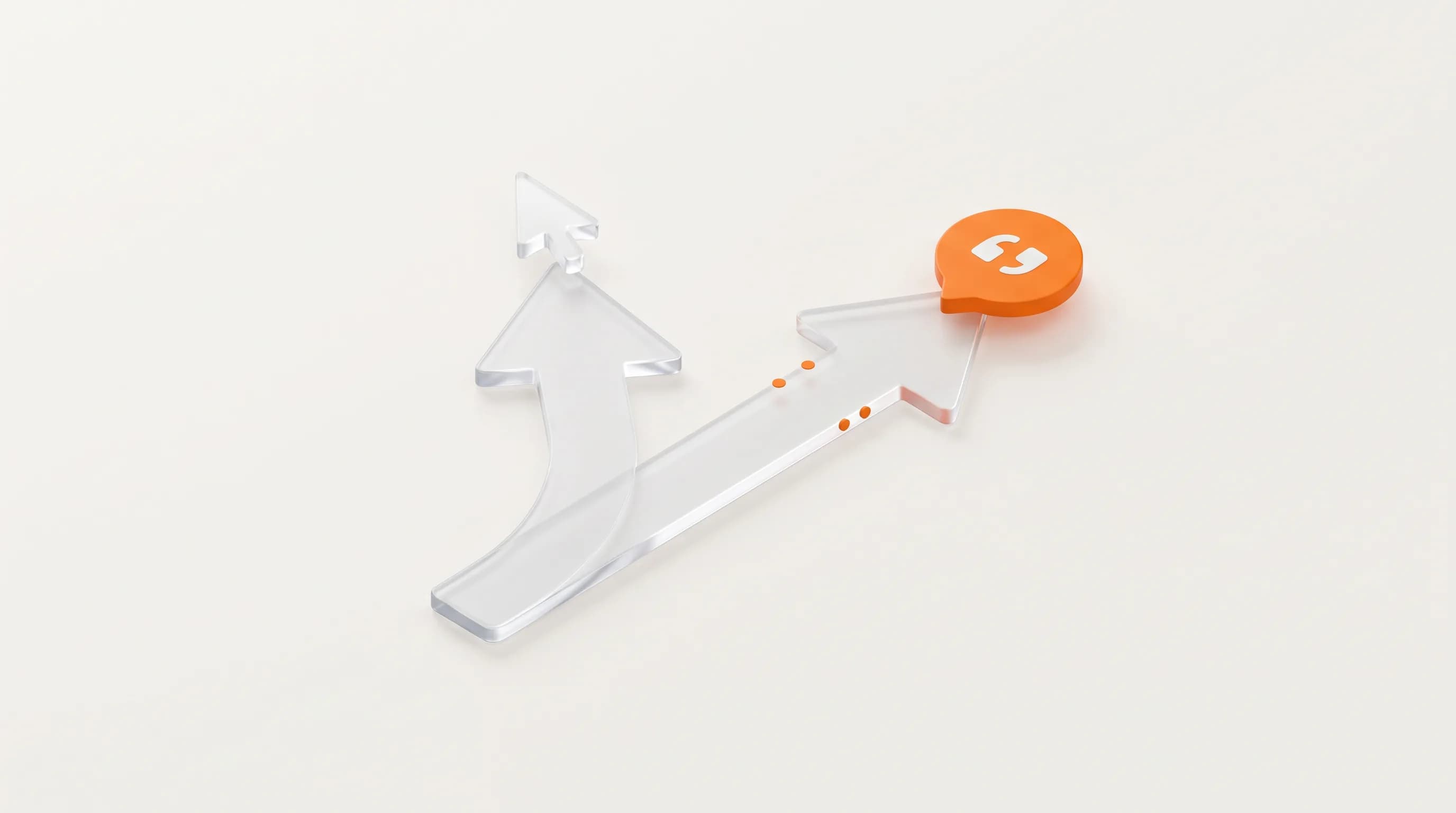 Two glass arrows point in different directions with one orange tip standing out, showing how SEO and GEO aim for different kinds of visibility.
