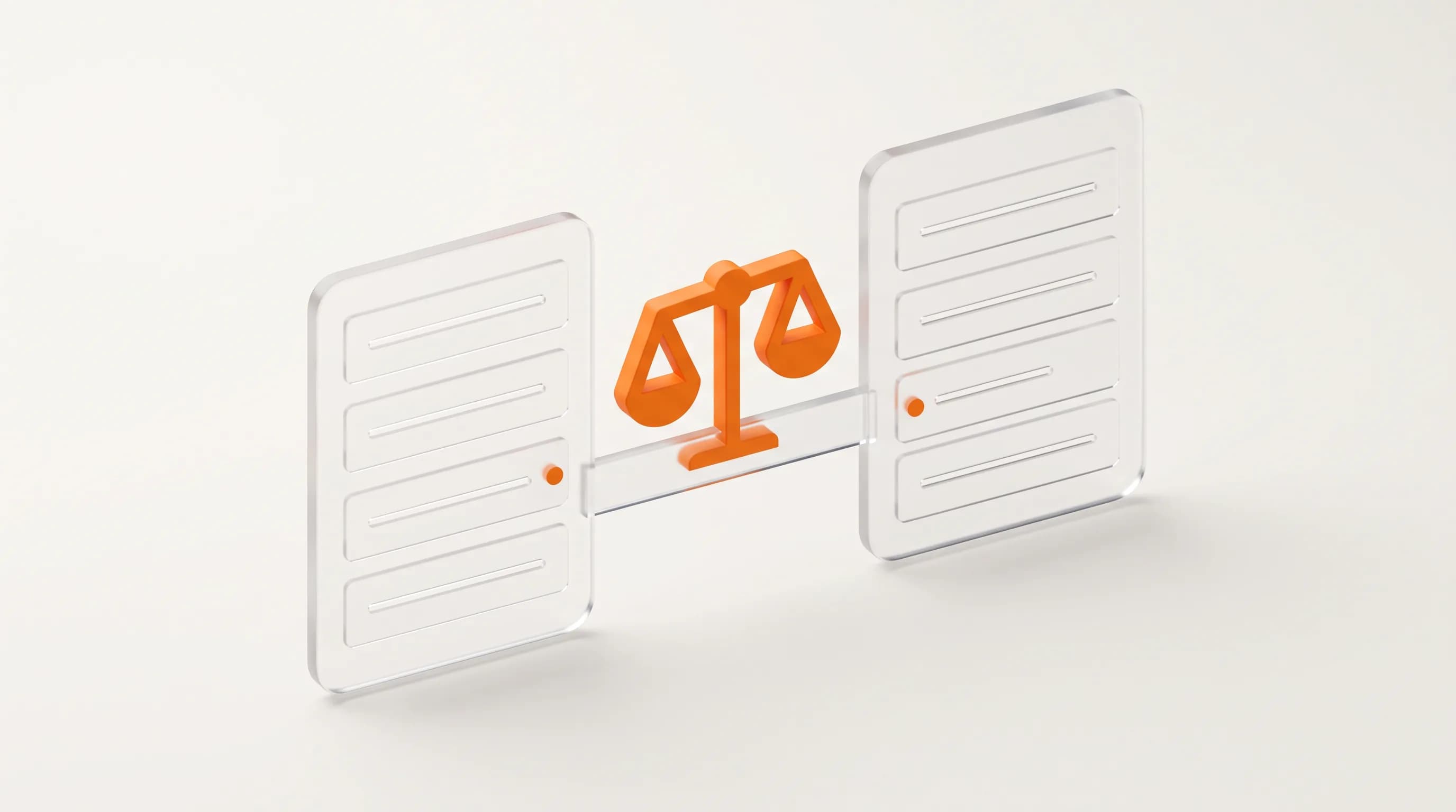 Two side-by-side glass columns with an orange marker between them illustrate the strategic comparison matrix of SEO and SEM metrics.