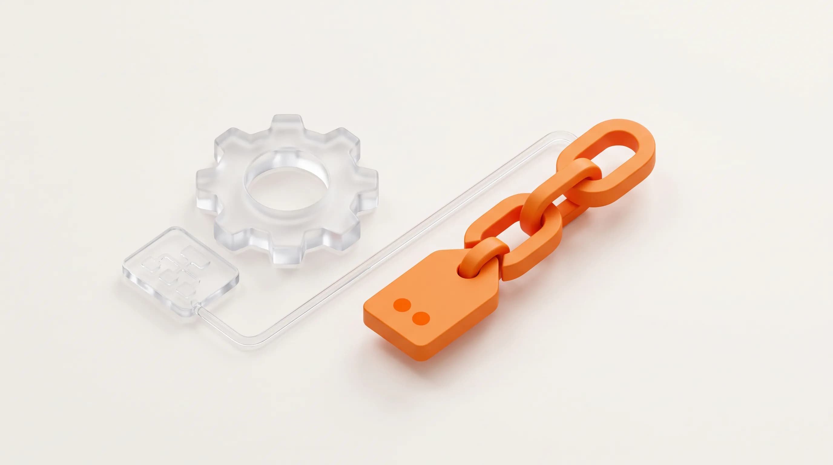 A glass gear beside an orange tracking link represents the distinct technical infrastructure requirements behind SEO and SEM.