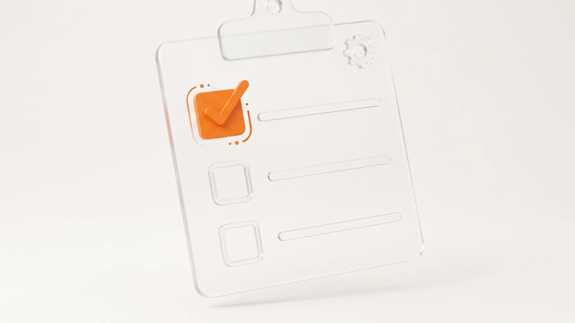 A glass clipboard with an orange checkbox represents the technical SEO checklist used to fix a website's foundation and stop organic traffic loss.