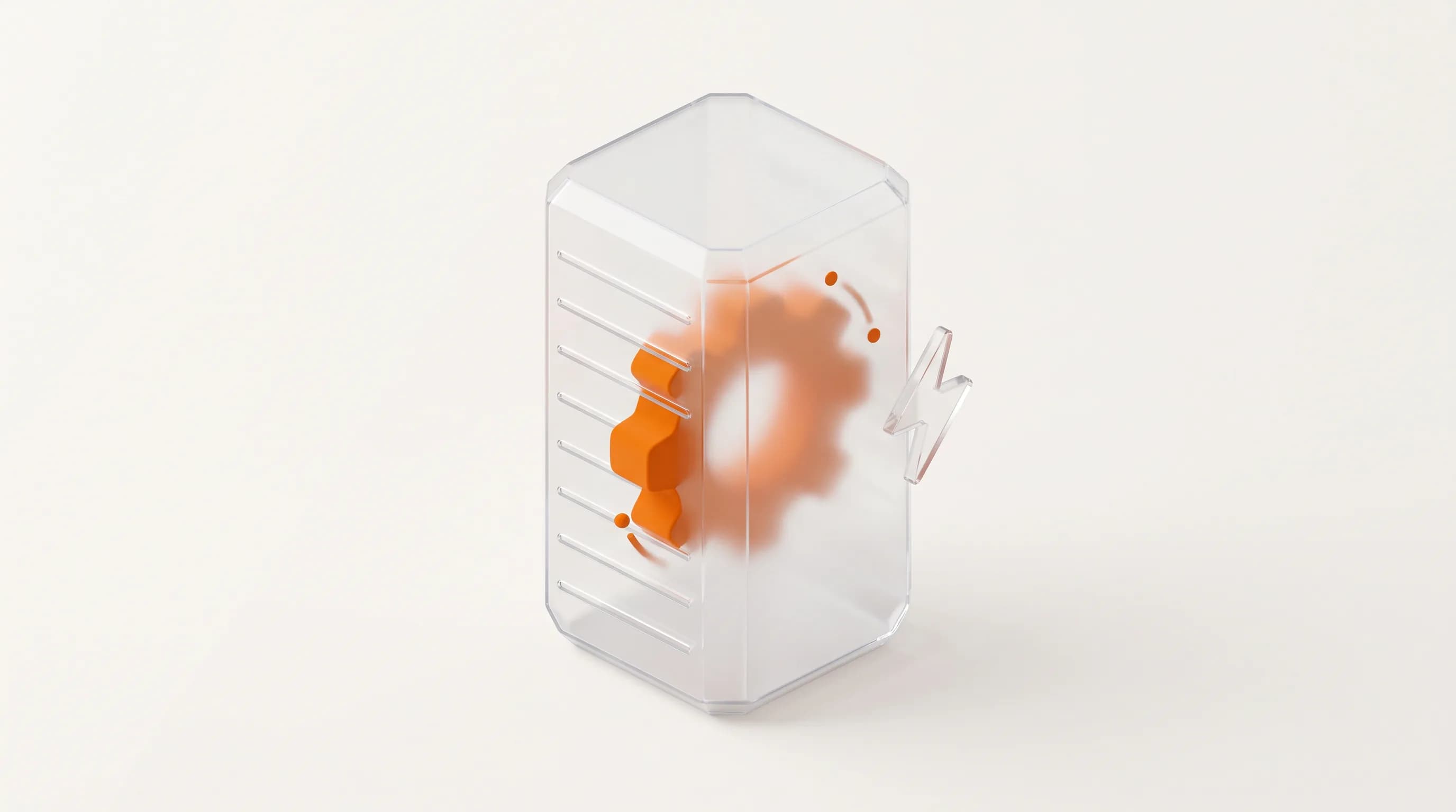 An orange gear turns inside a glass server frame, representing technical SEO as the infrastructure foundation that makes crawling effortless.