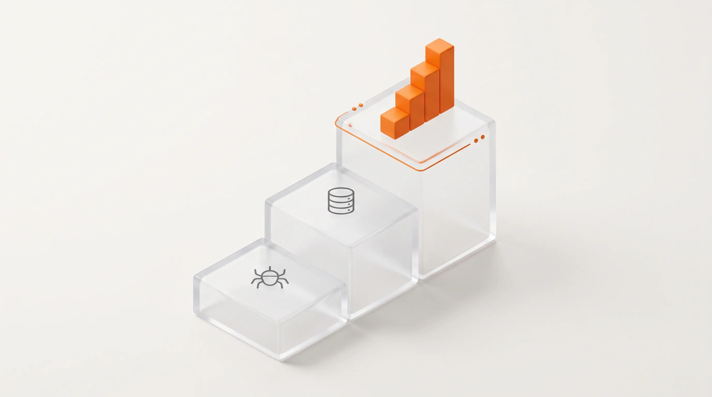 Three ascending glass steps with an orange peak represent the three core stages of search engine mechanics, from crawling to ranking.