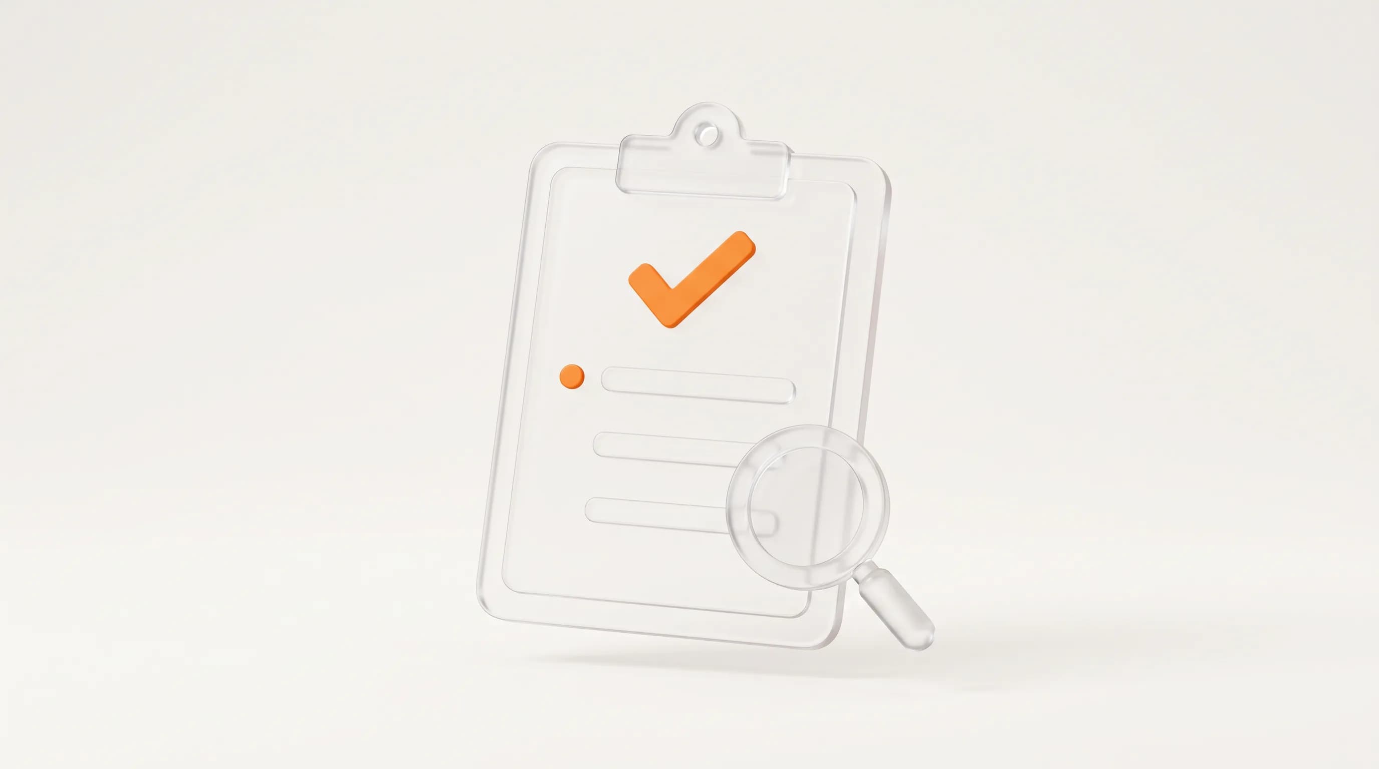 Clipboard kaca dengan tanda centang oranye dan kaca pembesar, menggambarkan langkah memilih keyword berdasarkan skor difficulty.