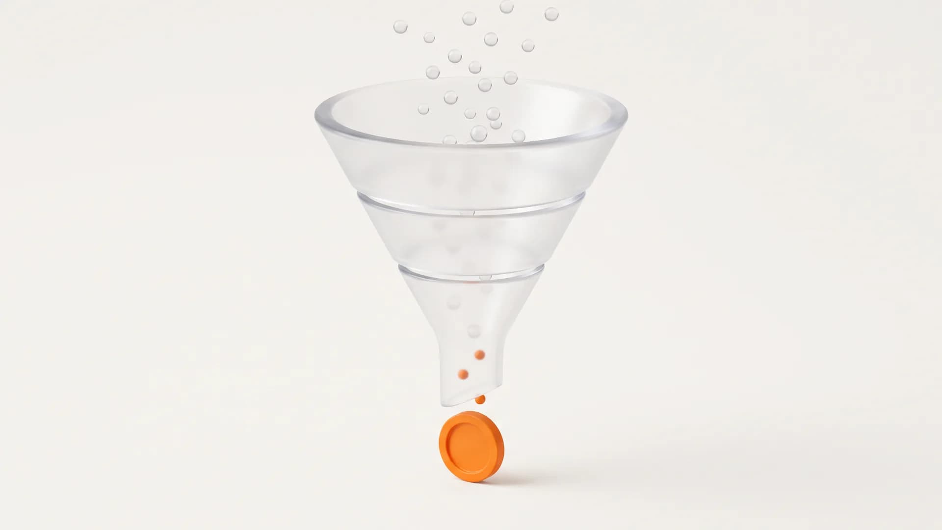 A three-tier glass funnel with an orange core at the base captures TOFU MOFU BOFU as the roadmap from visitor to closed revenue.