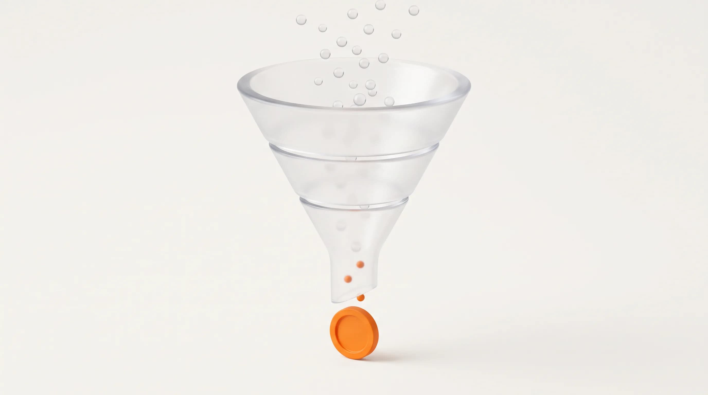 A three-tier glass funnel with an orange core at the base captures TOFU MOFU BOFU as the roadmap from visitor to closed revenue.