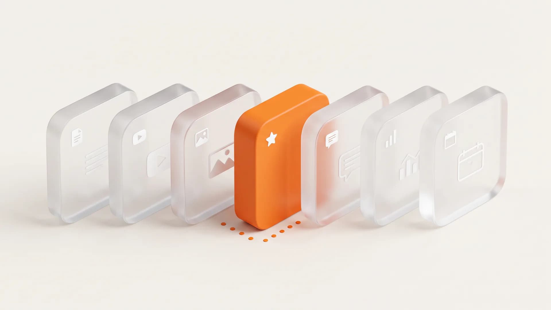 Seven glass blocks stand in a row with one orange block standing out, representing the seven best content types driving digital brand growth.